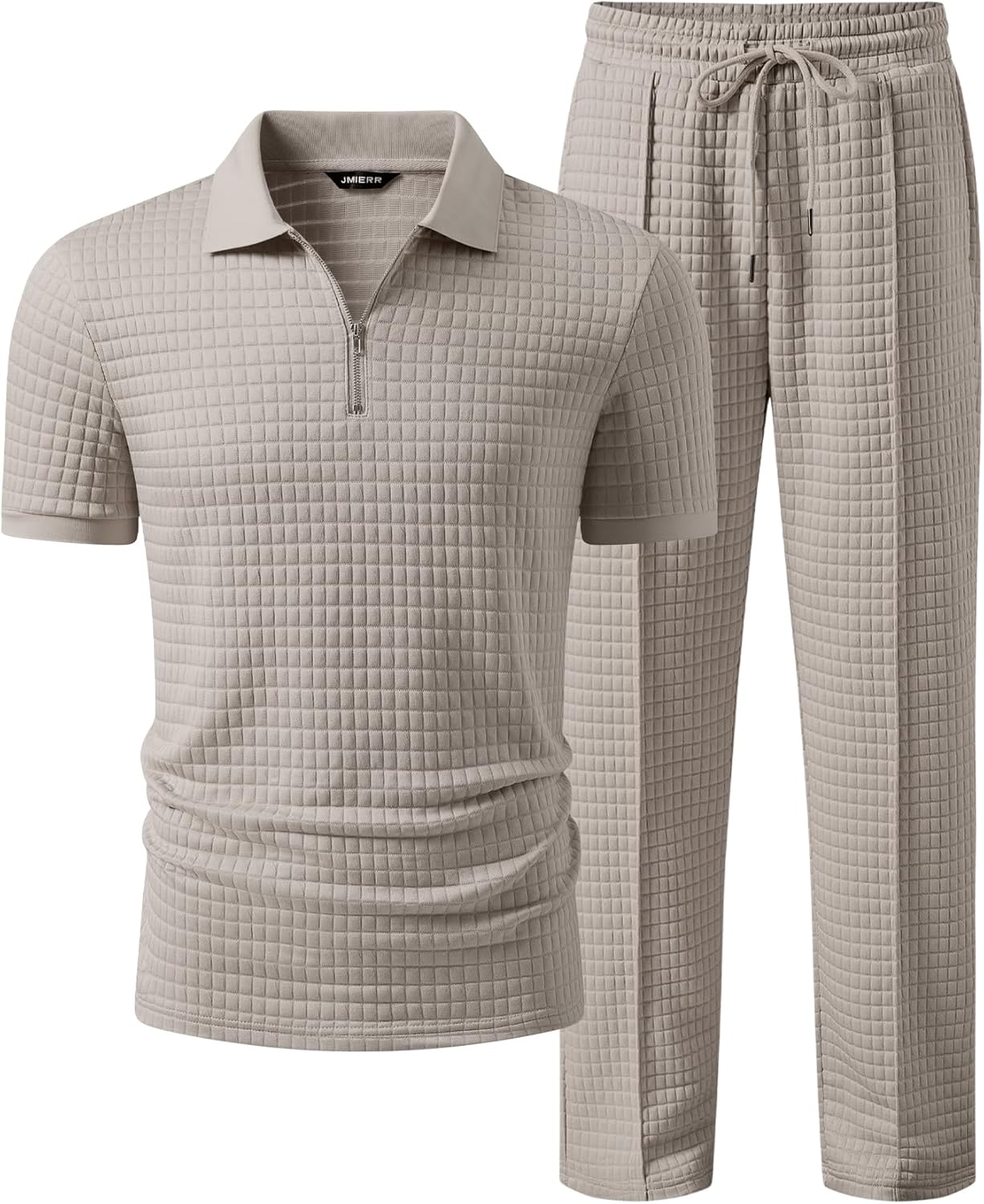JMIERR Mens Summer Outfits 2 Piece Short Sets Beach Waffle 1\/4 Zip Polo Shirts Casual Loose Pant Loungewear