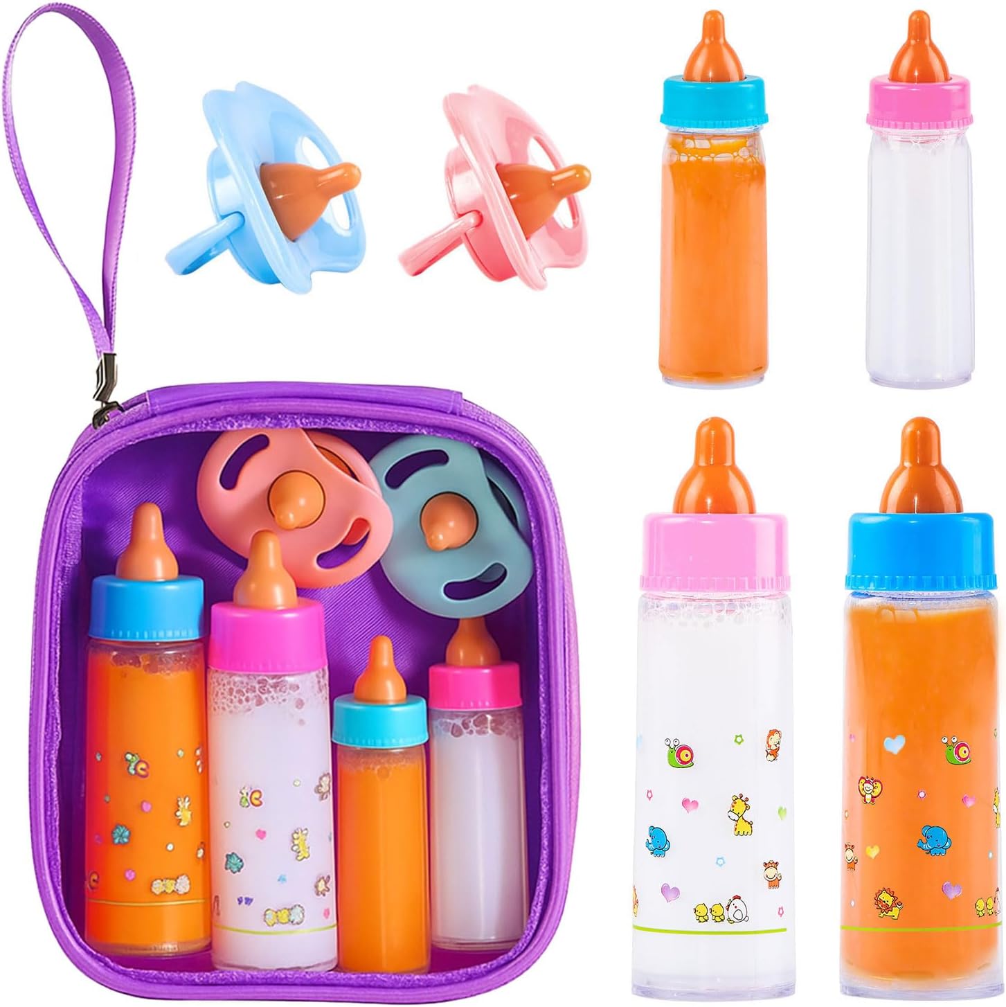 SCOM Baby Doll Bottle Accessories - 6 Pcs Feeding Bottle Toys, Magic Disappearing Milk &amp; Juice, Pretend Play Set with Pacifiers Kids Gift Purple