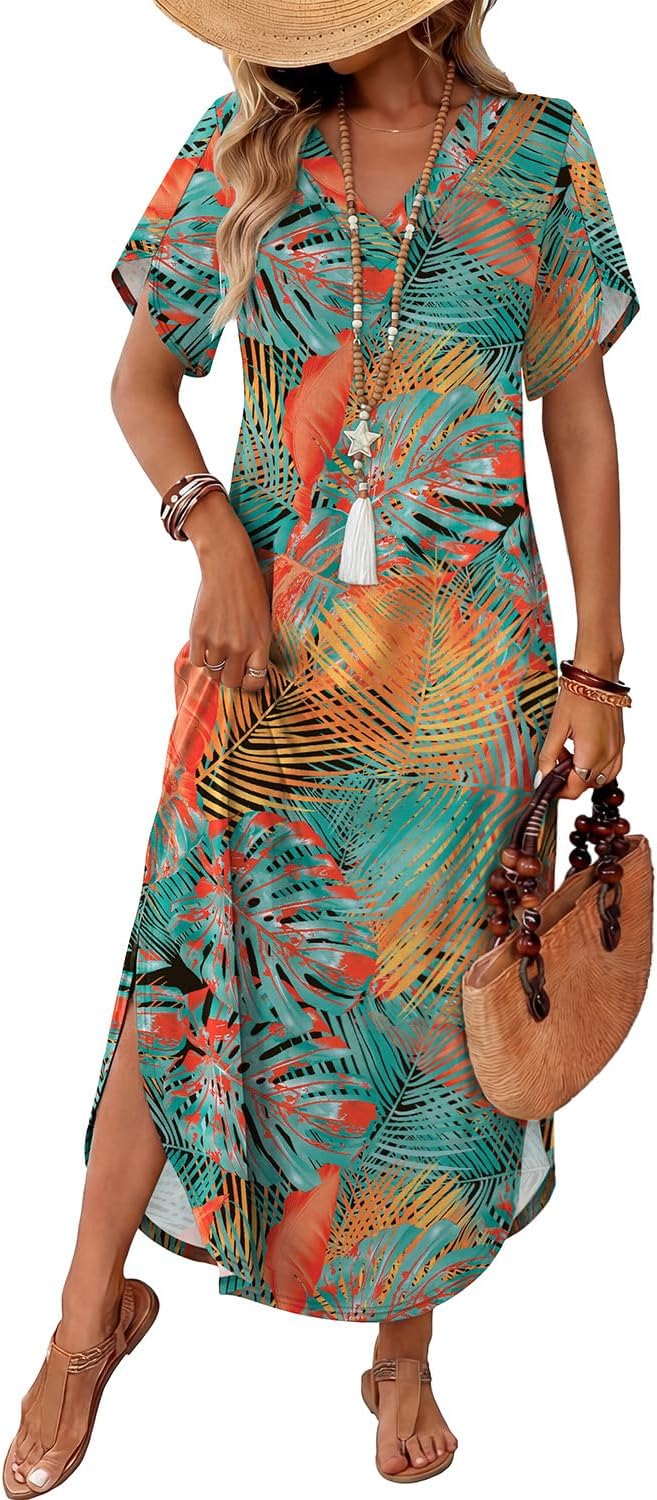 WIHOLL Summer Dresses for Women Short Sleeve Maxi Dresses V Neck Sundress with Side Slit Pockets Casual Beach Dress