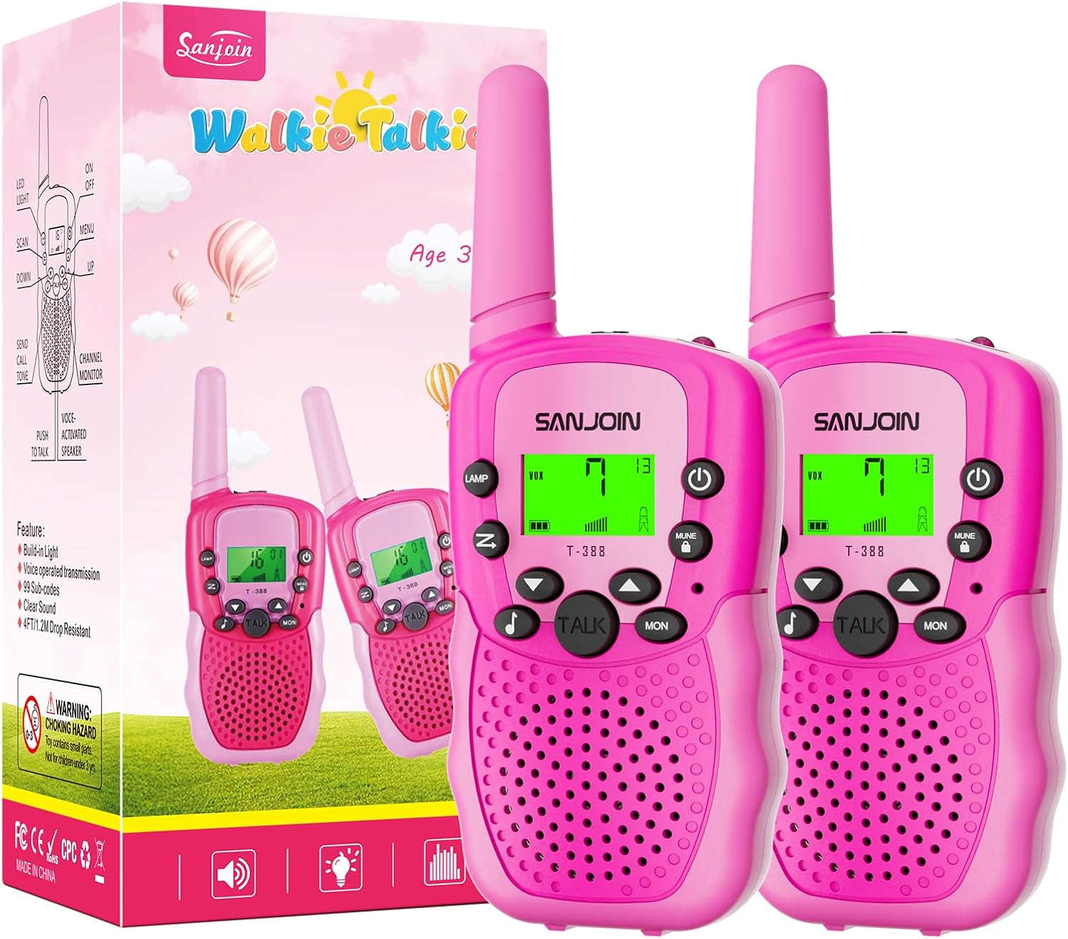 SANJOIN Walkie Talkies Toys for Kids, Outdoor Toys for Girls Ages 4-6, Pink Walkie Talkie with 3 Miles Range for Outdoor &amp; Camping, Birthday Gifts for Girls 3 4 5 6 7 8 9, Ages 7-12