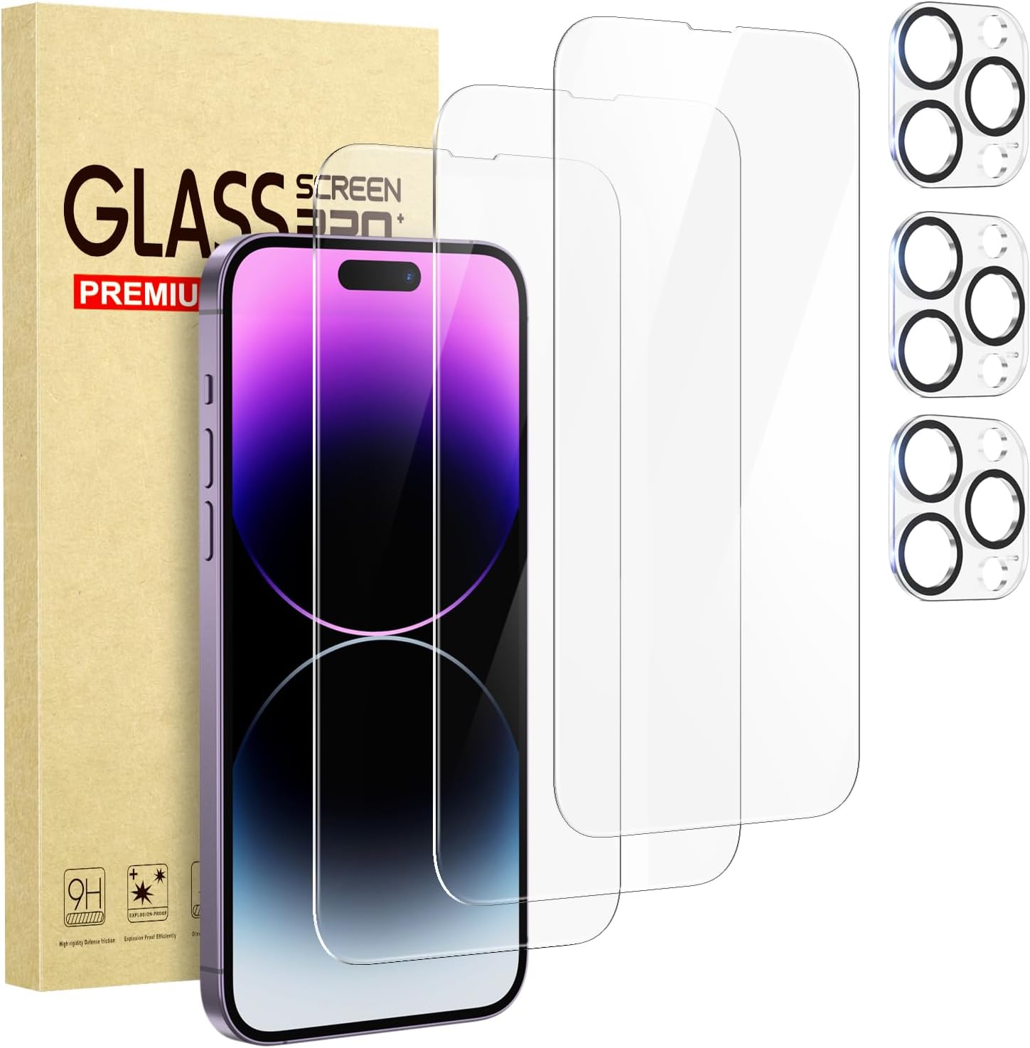 Cutebe 3 Packs Screen Protector for iPhone 14 Pro + 3 Packs Camera Lens Protector with Tempered Glass,Touch Sensitive and Case Friendly