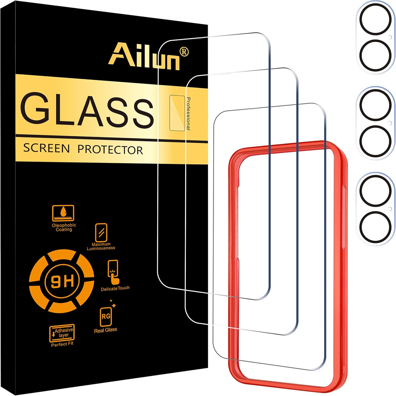 Ailun 3 Pack Screen Protector for iPhone 16 [6.1 inch] + 3 Pack Camera Lens Protector with Installation Frame,Case Friendly Tempered Glass Film,[9H Hardness][Not for iPhone 16e\/16 Pro\/Plus\/Pro Max]