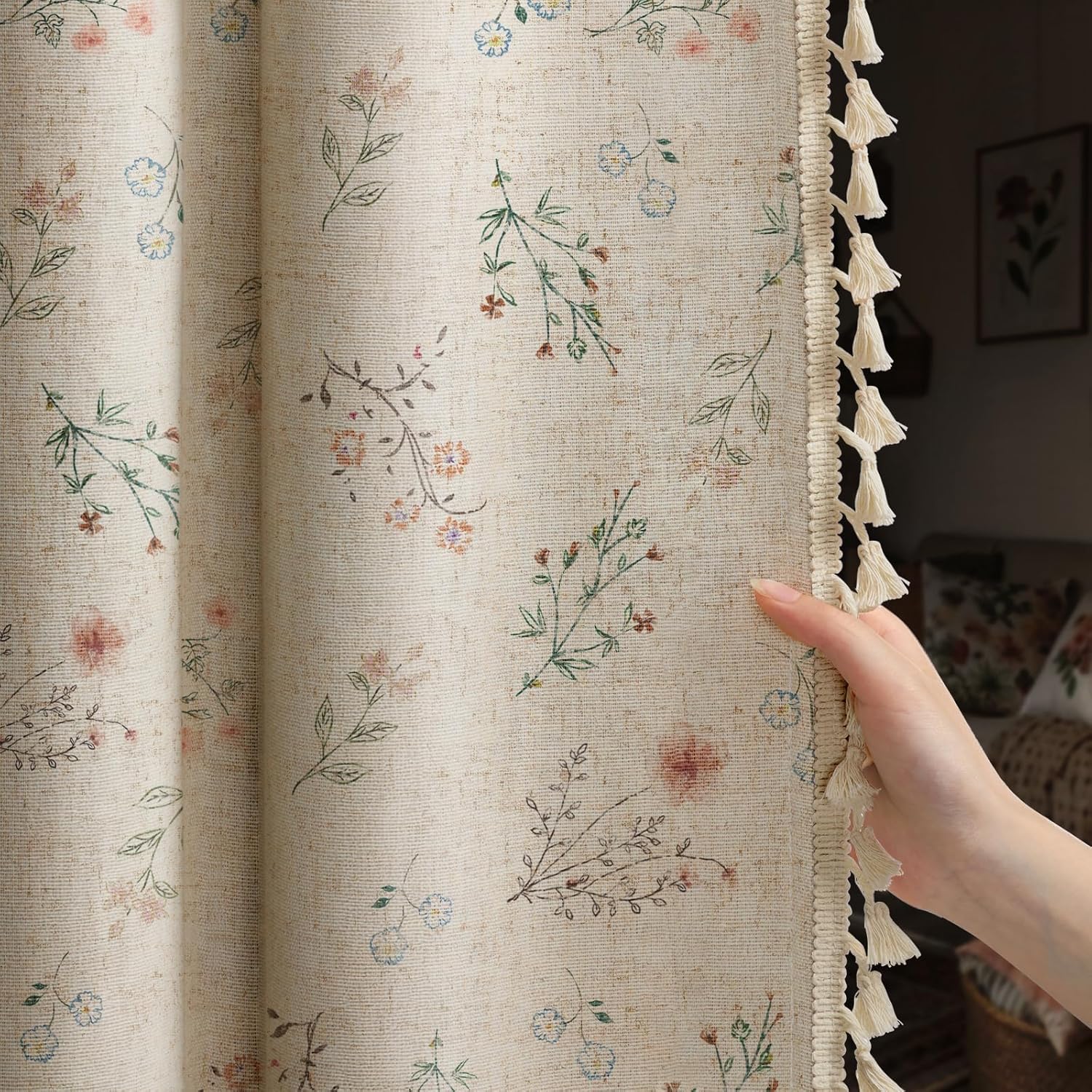 XOGUIBO Boho Floral 100% Blackout Curtains for Bedroom 84 Inch Length 2 Panels Set, Linen Texture Farmhouse Curtains Beige Tassel for Living Room Vintage Rustic Patterned Printed Western Rod Pocket