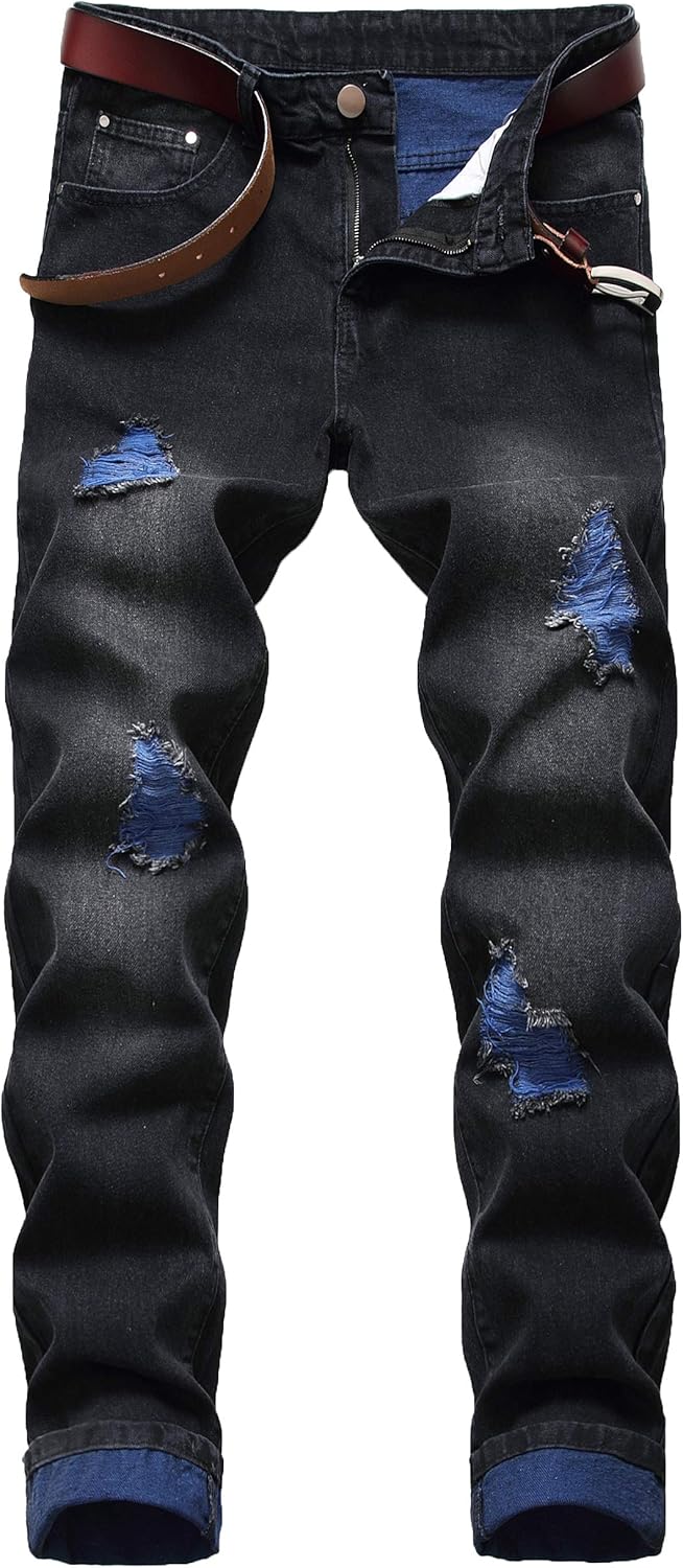 DANT BULUN Men's Ripped Distressed Destroyed Slim Fit Straight Leg Denim Jeans