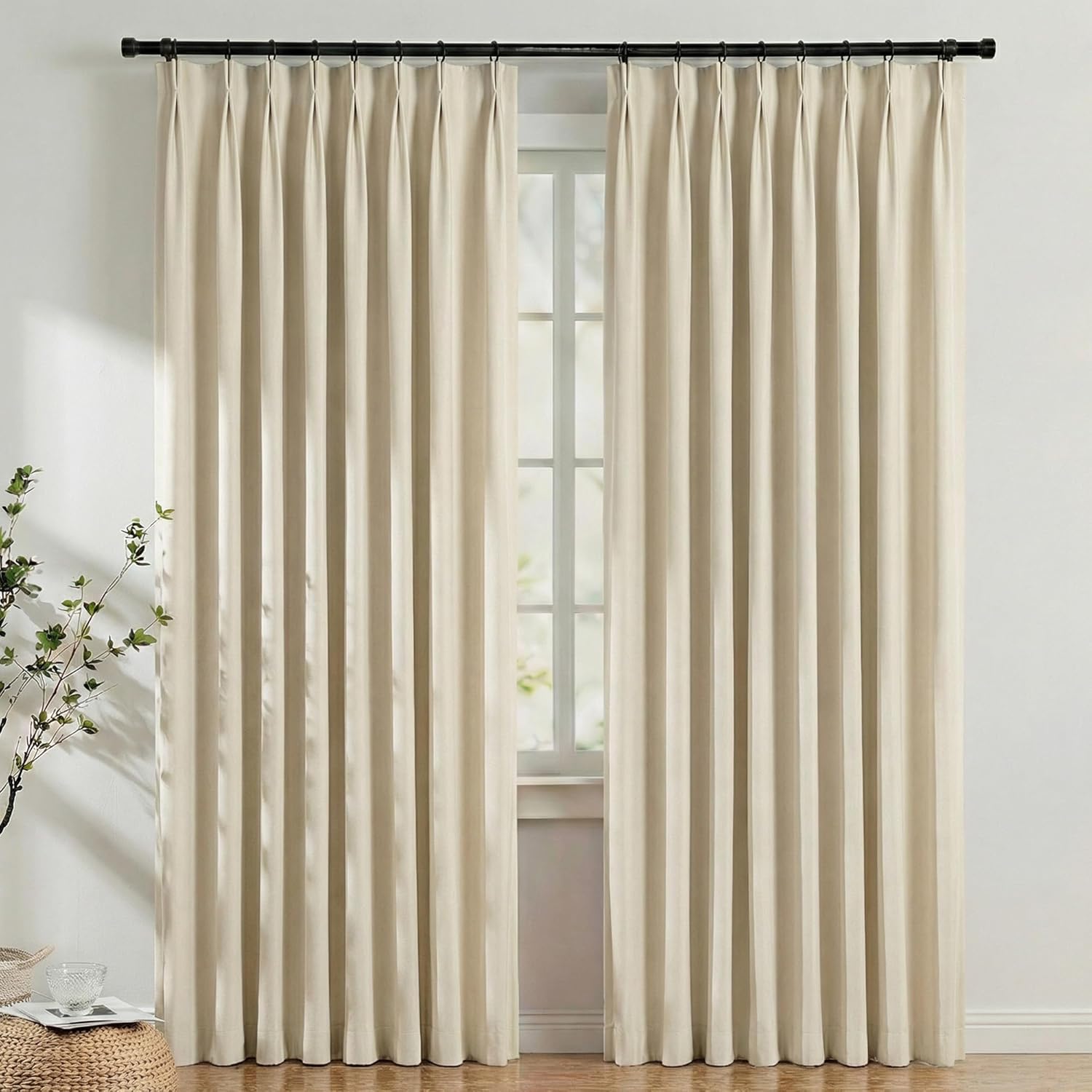 hoeflife 50 Inches Wide Blackout Pinch Pleated Curtains Rings Hooks 2 Panels for Living Room Pinch Pleat Curtains 96 Inches Long for Dining Bedroom Office Beige