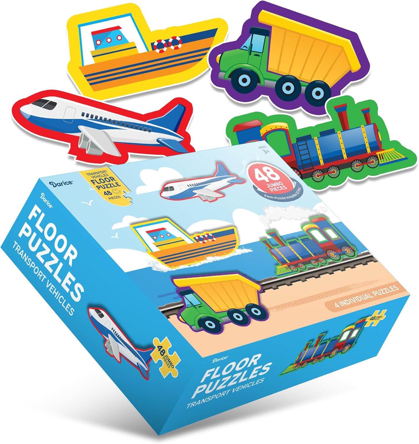 Darice Transport Vehicles 4-in-1 Jigsaw Puzzles for Kids \u2013 48 Pieces Total (Four 12-Piece Puzzles) \u2013 Airplane, Train, Ship, and School Bus \u2013 Educational Learning Toy, Ages 3+
