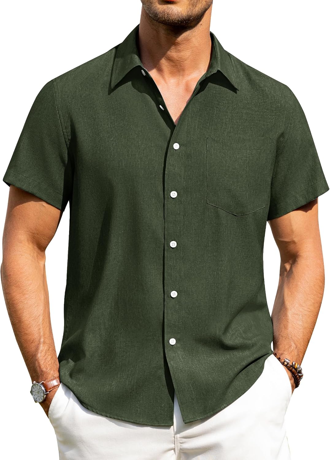 Alimens &amp; Gentle Mens Linen Shirts Short Sleeve Button Down Shirts Wrinkle Free Casual Vacation Beach Summer Tops