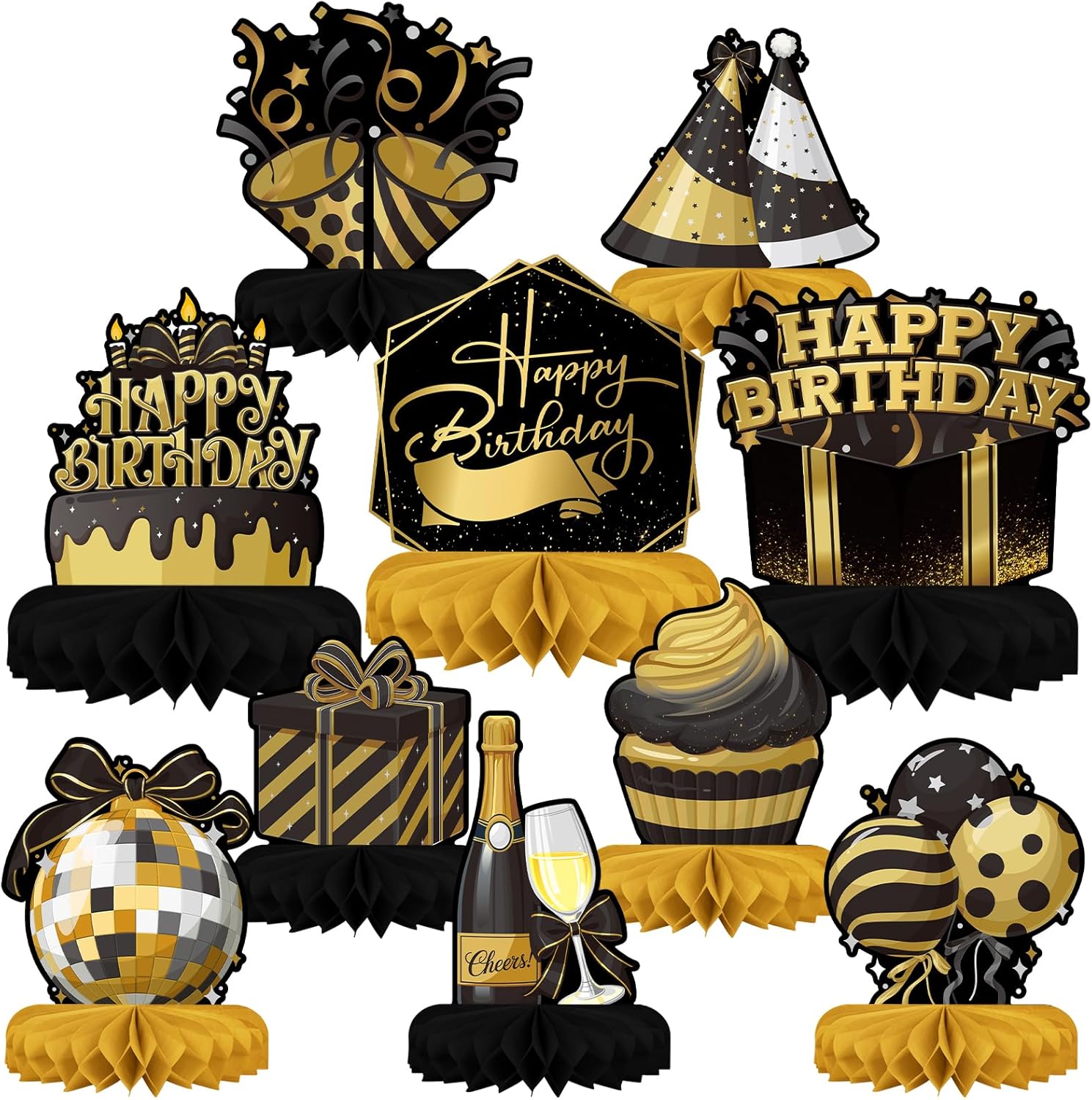 Happy Birthday Decorations Set - Black and Gold Birthday Themed Honeycomb Centerpiece, Table Decoration for Women Men Black and Gold Party Decorations
