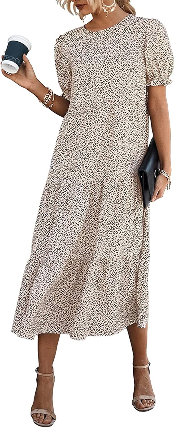 PRETTYGARDEN Summer Dresses for Women 2026 Casual Floral Boho Midi Sun Dress Puff Short Sleeve Flowy Beach Vacation Sundress