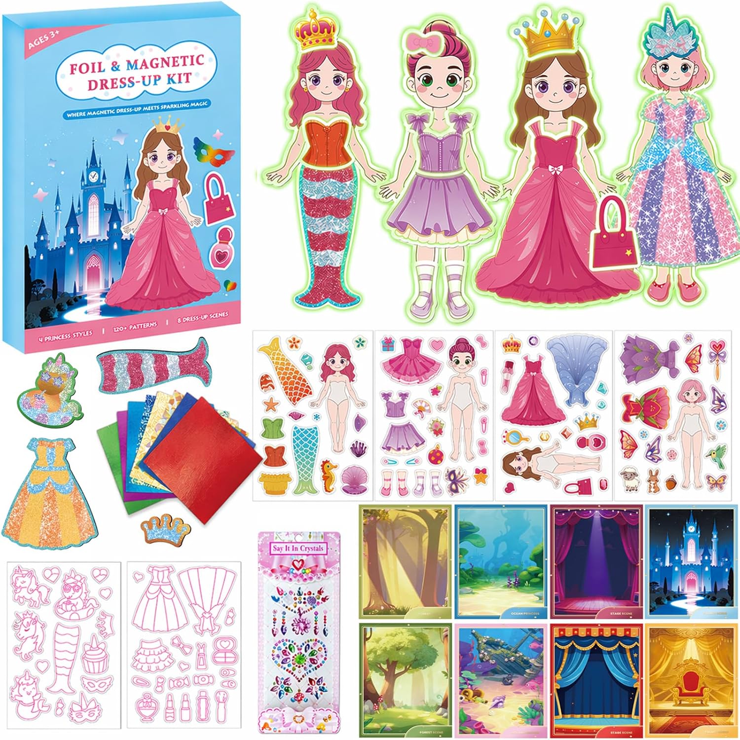 SOOVSY Magnetic Princess Dress Up Dolls for Girls Ages 4-8, 107 Mermaid Fairy Ballerina Dress-Up Magnets with DIY Foil Art Kit, Screen-Free Travel Activity Toy &amp; Creative Gift for Kids