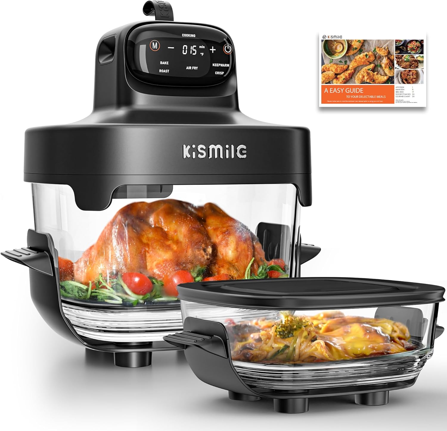 Kismile 5-in-1 Glass Air Fryer, Upgraded Portable Air Fryer with Dual Glass Bowls, 4.7QT &amp; 2.6QT Containers &amp; Lids, Adjustable Temp &amp; Time, Freezer &amp; Dishwasher Safe, Bake, Air Fry, Ke