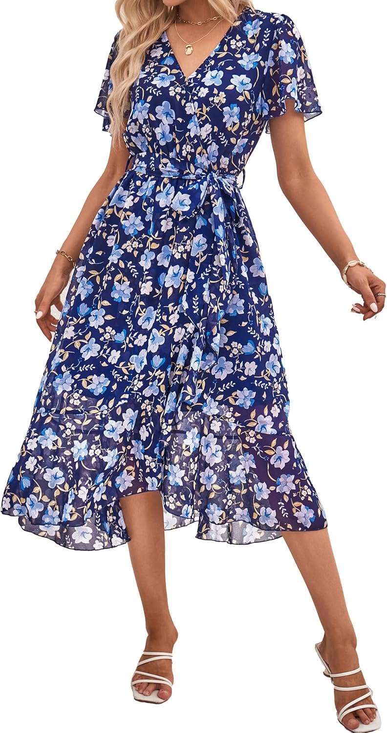 PRETTYGARDEN Women's Summer Floral Boho Maxi Dress Short Sleeve Wrap V Neck Ruffle Long Flowy Beach Wedding Guest Dresses