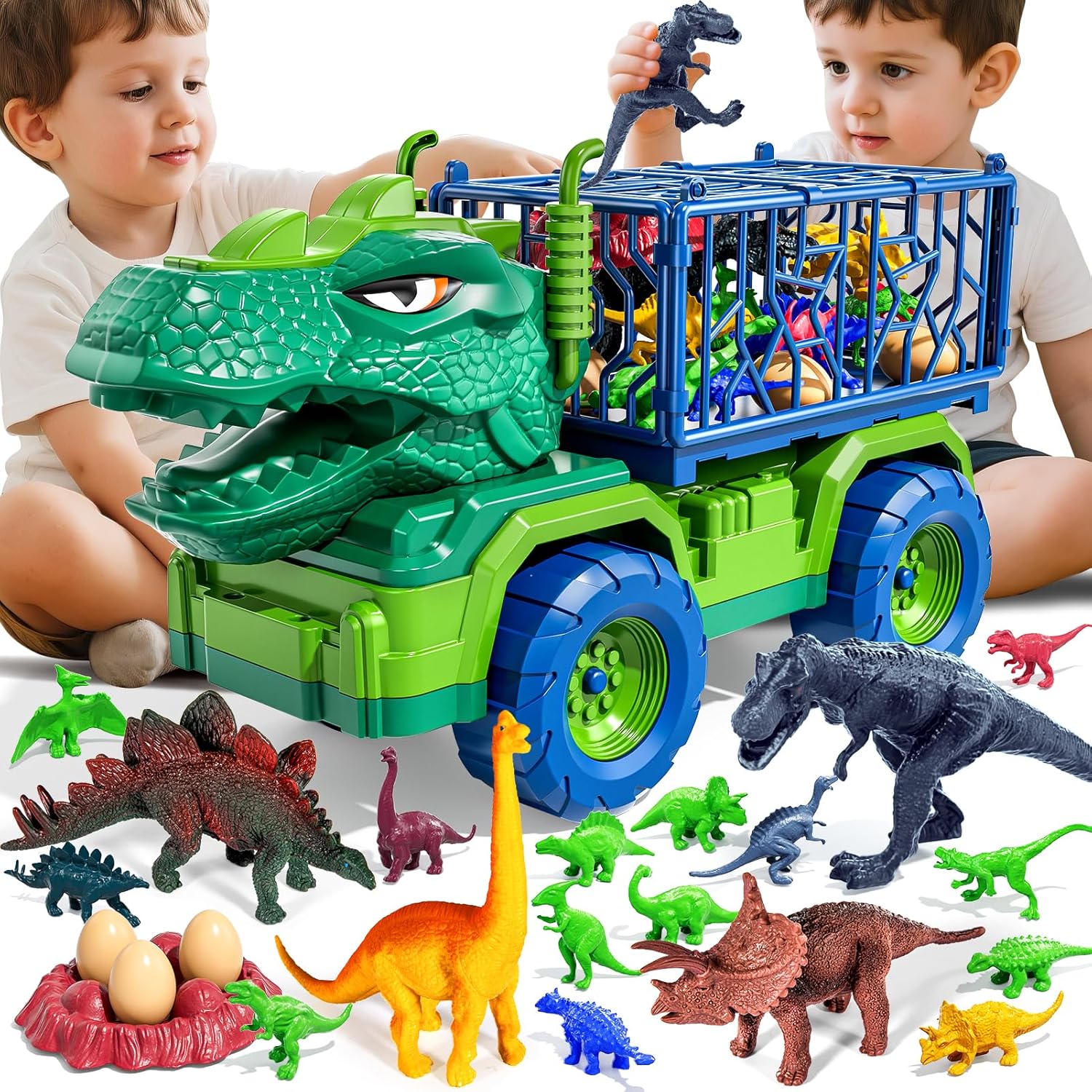 Guminnara 22 in 1 Toddler T-rex Dinosaur Truck Toy Set for Kids Boys 3-5 5-7, Tyrannosaurus Carrier Transport Truck with 18 Jurassic Dino Figures, Birthday Toy for Boys Girls 3 4 5 6 7 Years Old