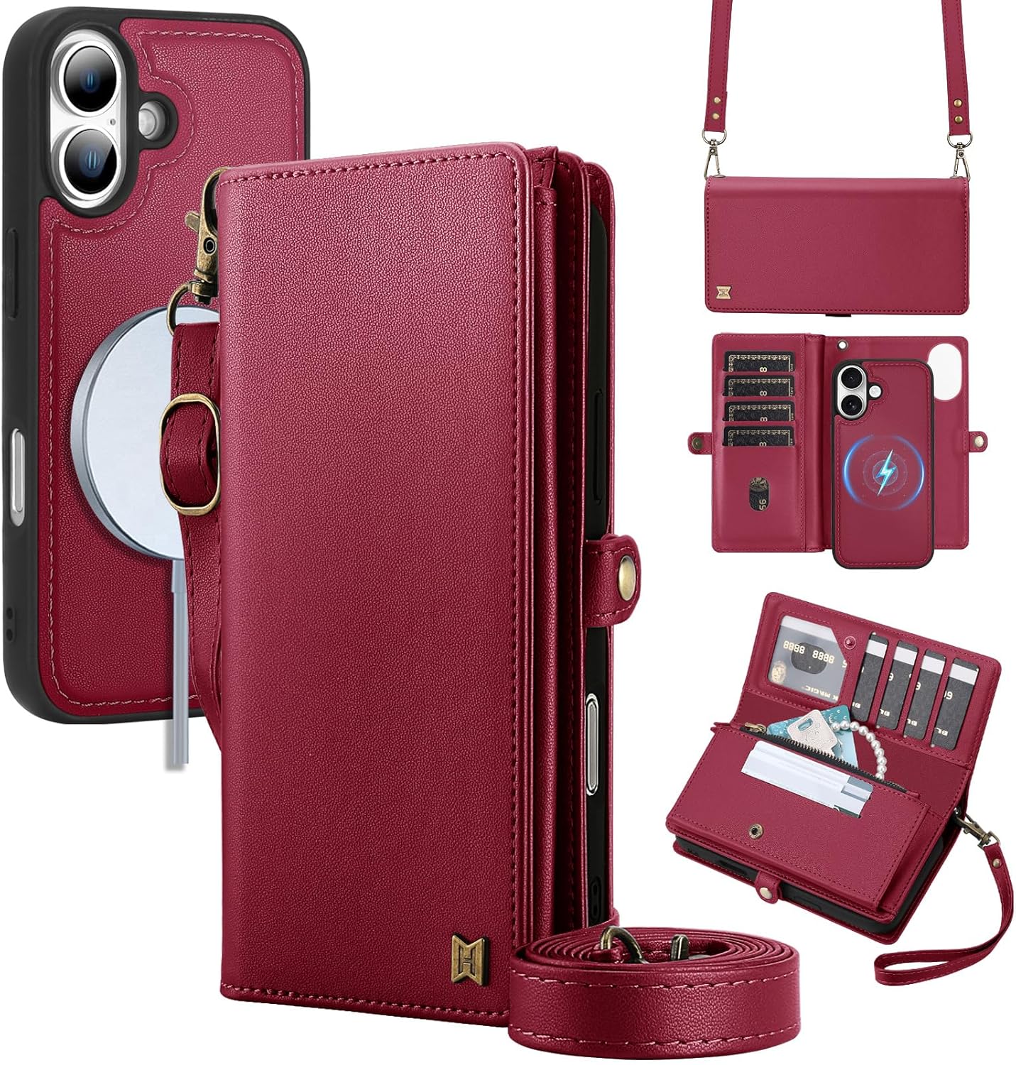 MEGSHI for Wallet Case Compatible with iPhone 17,Multi-Function Detachable 2 in 1 Magnetic iPhone 17 Case Wallet,Flip Strap Zipper Card Holder Phone Case with Shoulder Straps (Red)