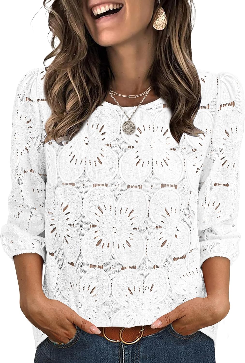 Sampeel Women Blouses Dressy Casual 3\/4 Length Sleeve Tops Eyelet Lace Spring Summer Shirts Beach Vacation Clothes