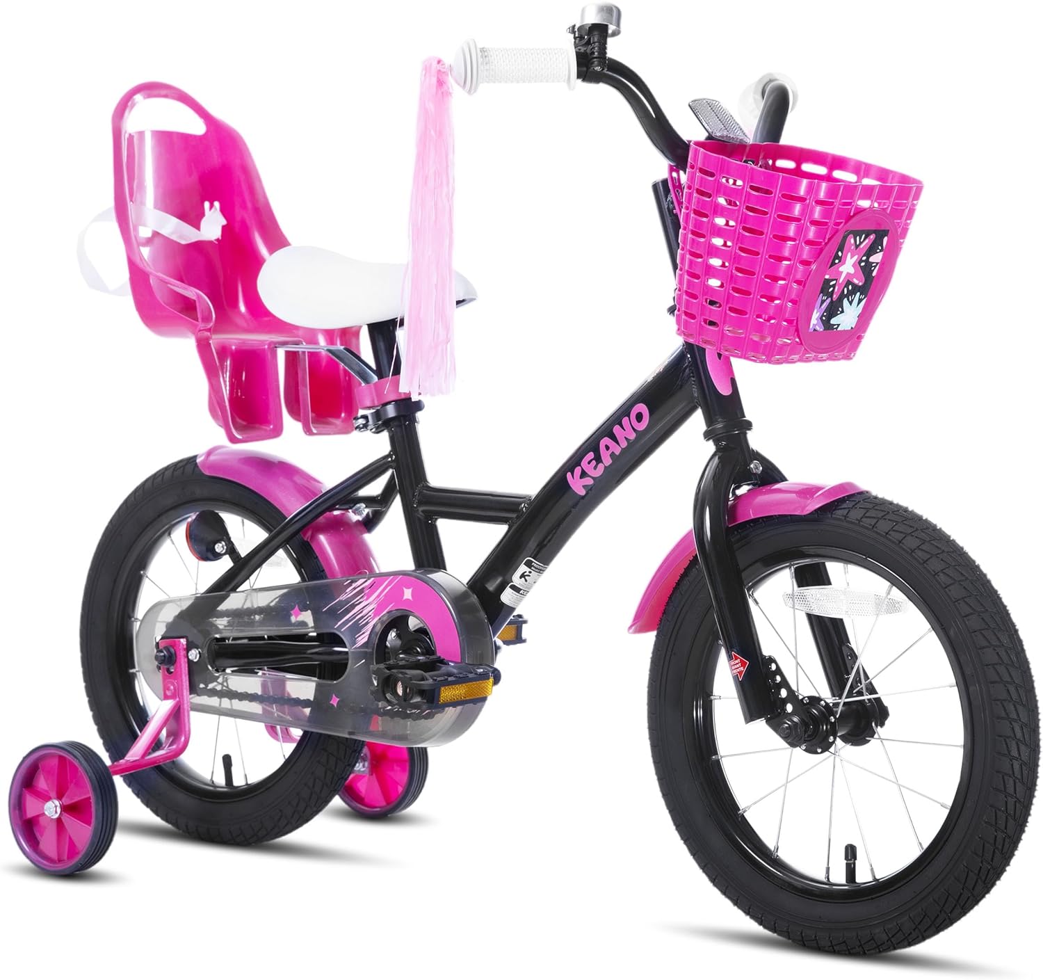 KEANO Zinnia 14 Inch Kids Bike for Girls Ages 3-5 Years, 14 Inch Girls' Bikes with Training Wheels, Streamers, Basket and Doll Seat, Children Bicycles Black