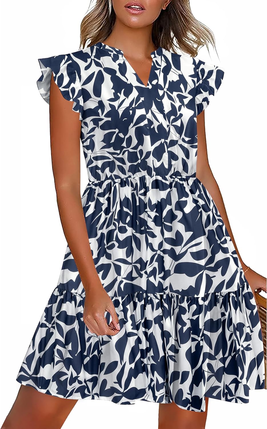 HOTOUCH Women Printed Dress for Summer Short Ruffle Sleeve Dress Tiered Mini Dress with Pockets