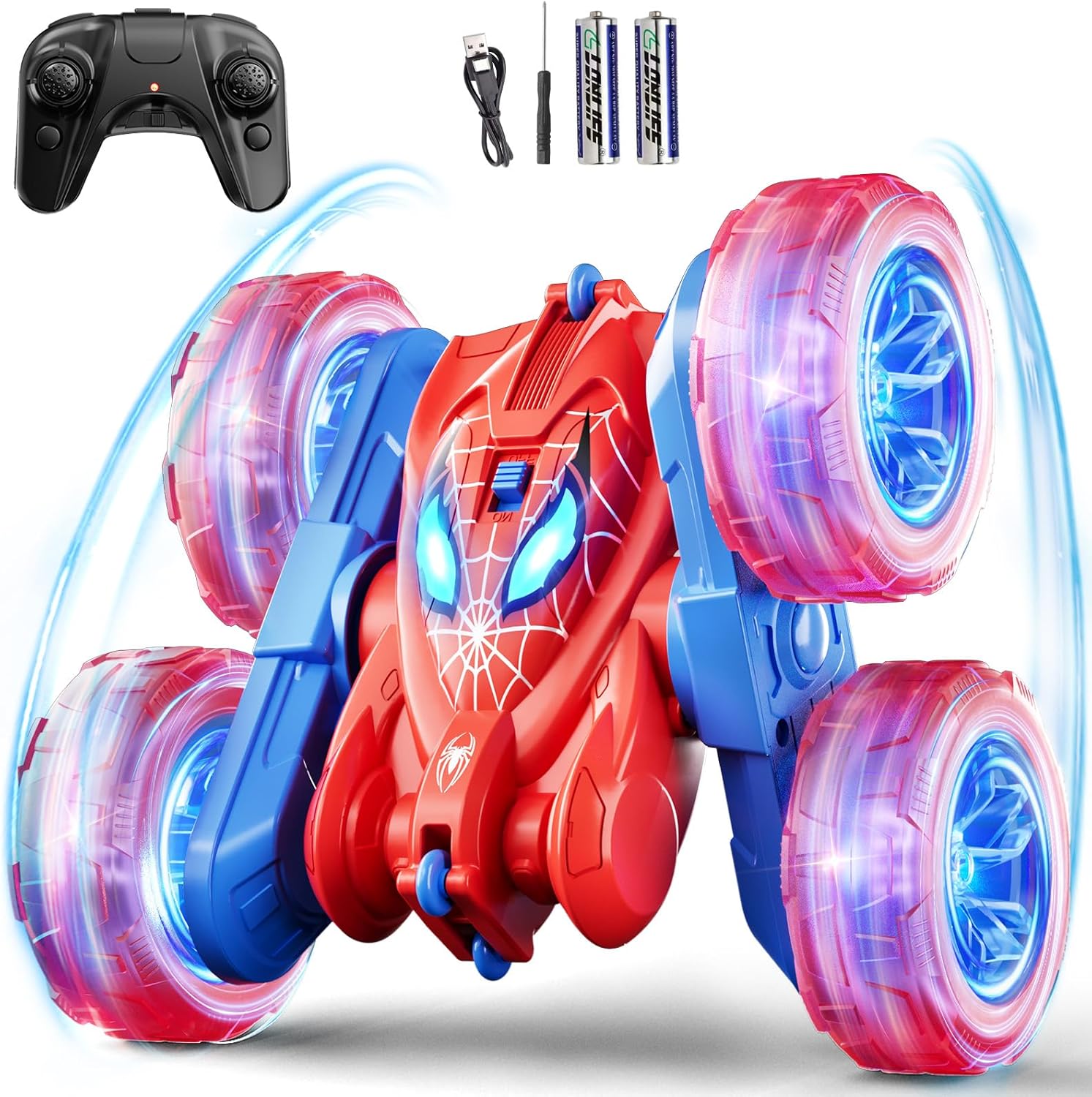 Spider Remote Control Car, 360° Stunt RC Cars for Kids Ages 6-12\u200B Double-Sided Rotation, 4WD Cool Wheel Lights&amp;2.4GHz Control; Rechargeable Electric Race Car Toys Gift for Boys Girls (Red&amp