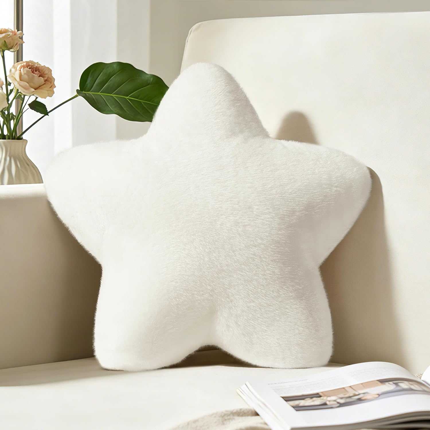 Nmkopzy 15.4 Inch Star Pillow Cute White Fluffy Decorative Throw Pillows for Couch Bed Sofa, Small Aesthetic Soft Floor Cushions for Living Room Bedroom Decor (Cream White, 15.4" x 15.4")