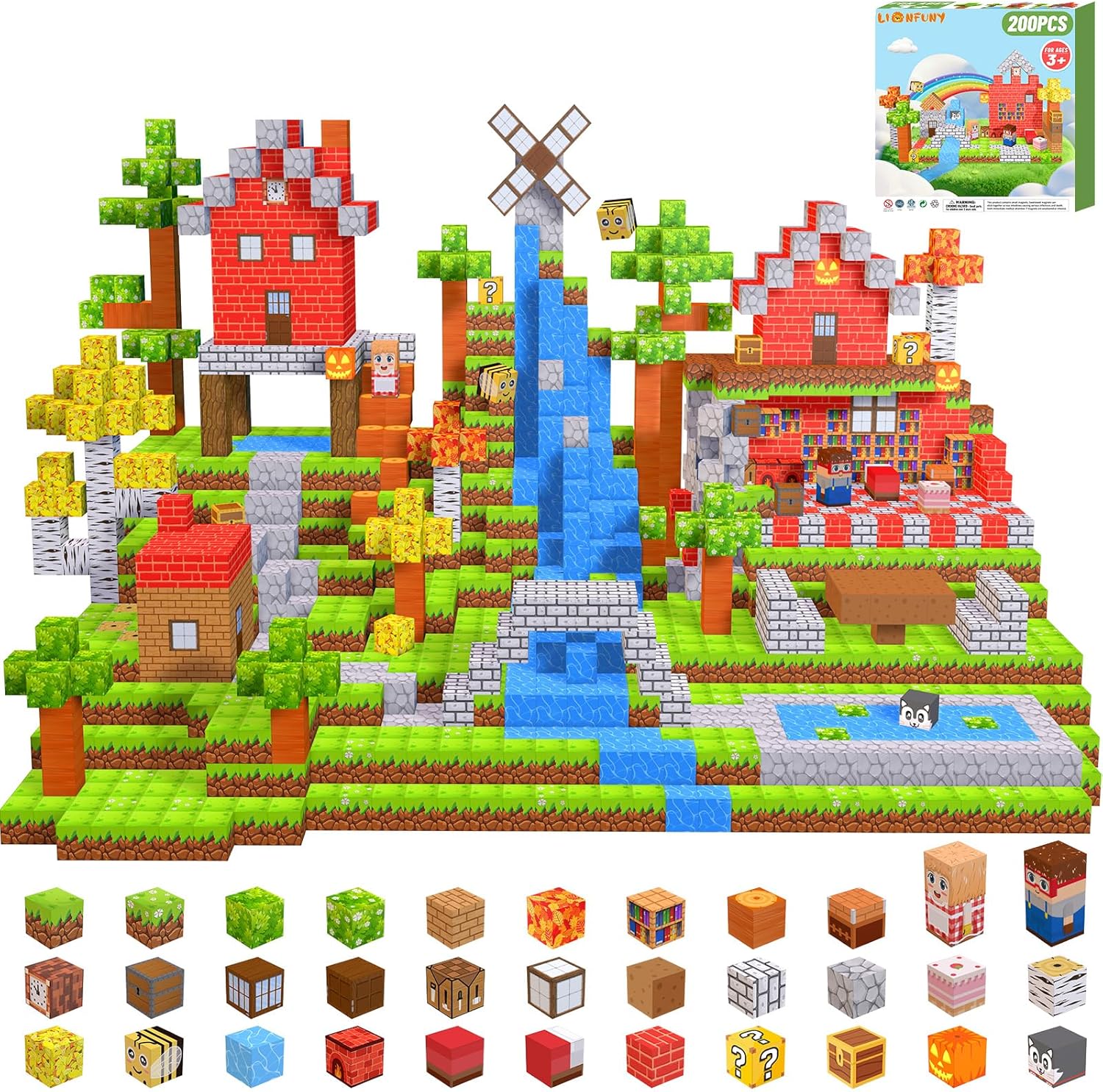 LionFuny 200PCS Magnetic Blocks,Magnetic Building Blocks Stacking Toys,Magnet Toys Building World Set, STEM Sensory Christmas Birthday Gift for Toddlers Boys Kids Age 3 4 5 6 7 8,Upgrade 1" Large 