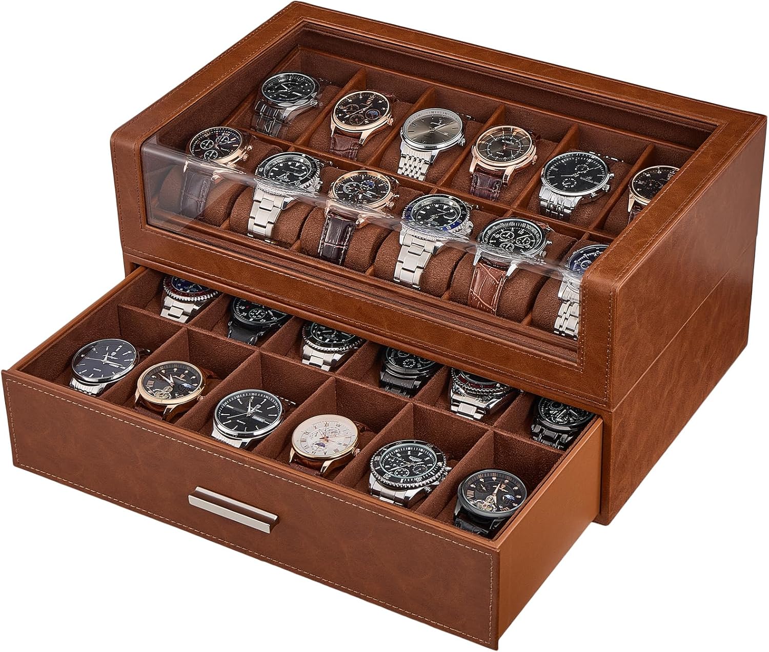 ProCase Watch Box for Men, 24 Slots Watch Display Holder with Clear Acrylic Top, Large Capacity PU Leather Case with Drawer Organizer, Jewelry Storage, Ideal Gift for Men Women -Brown