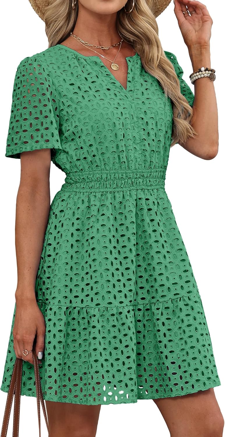 RUMIA Womens Dresses 2026 Summer V Neck Eyelet Lace A Line Short Dress