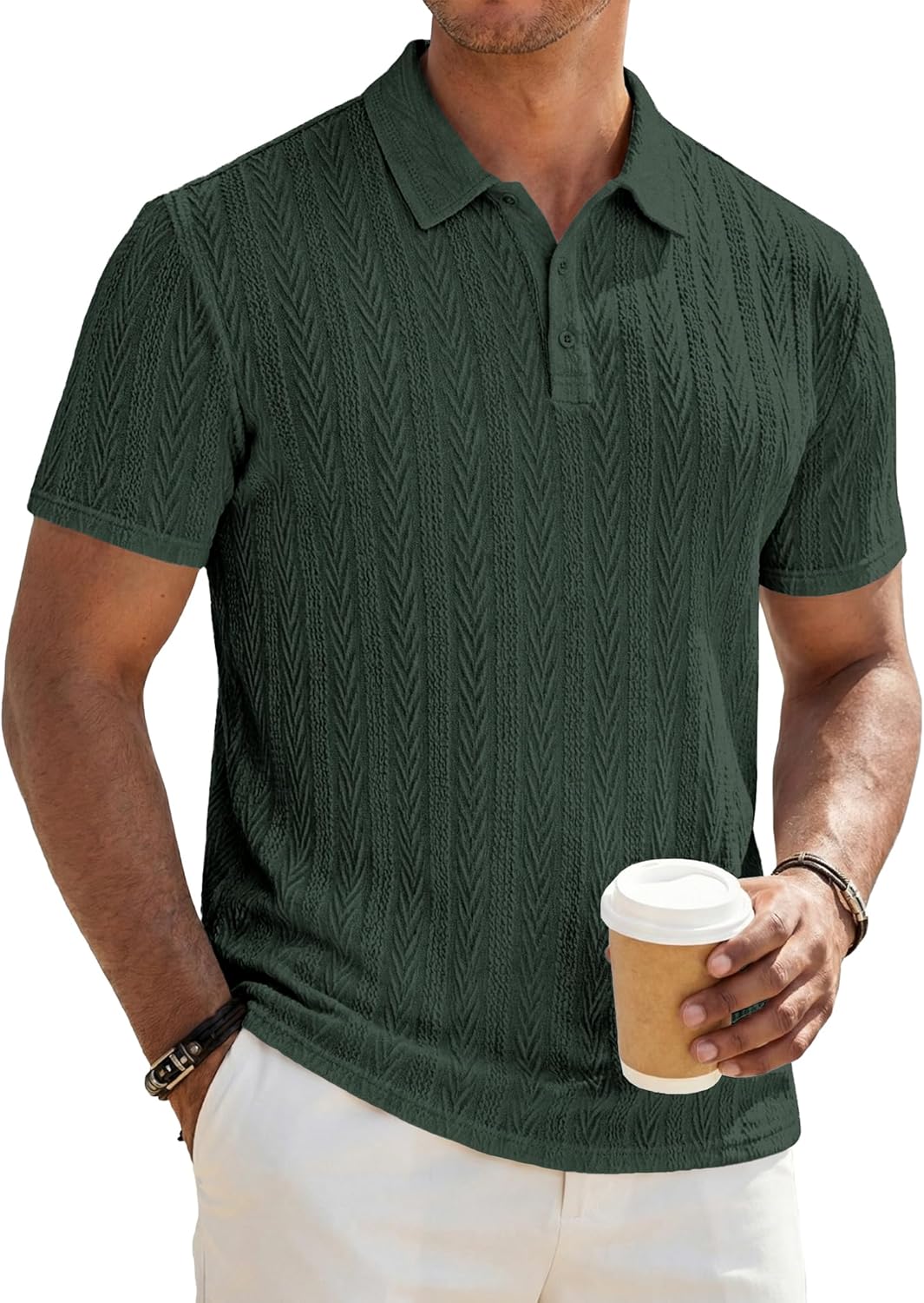JMIERR Men's Textured Knit Polo Shirt Summer Short Sleeve Vacation Button Beach Knit Stretchy Golf Shirts