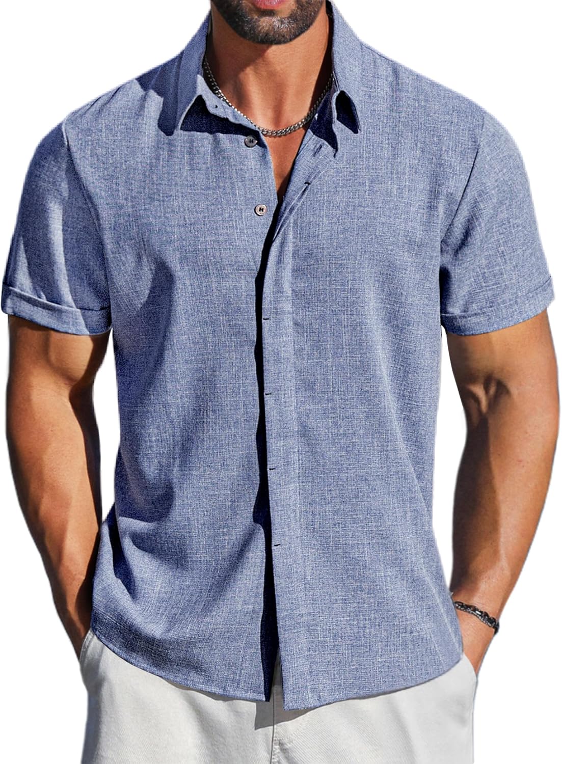 LETSEE Linen Shirts Mens Button Down Short Sleeve Shirt for Summer Business Casual, Beach &amp; Wedding Guest