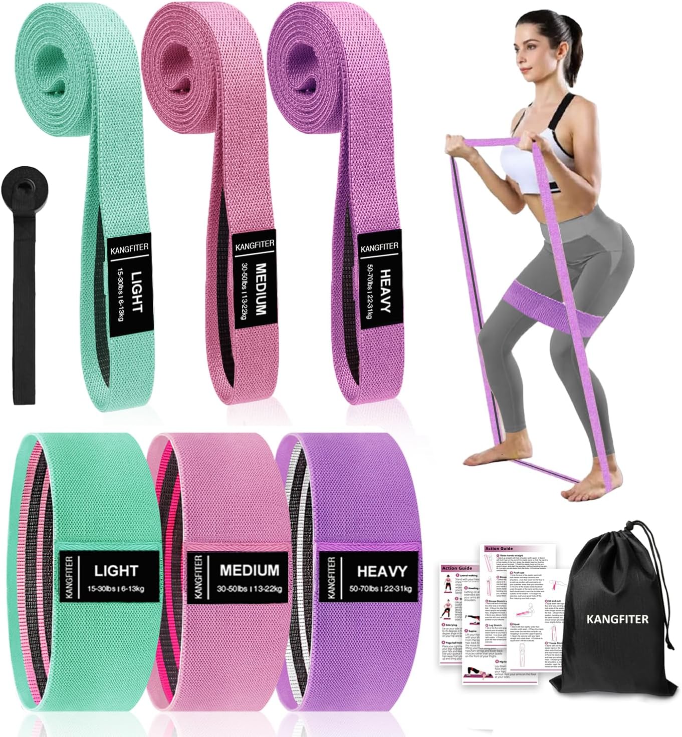 KANGFITER Long and Short Fabric Resistance Bands with Door Anchor, Non-Slip Stretch Booty Bands for Working Out Women &amp; Men, Loop Exercise Elastic Bands for Home Physical Therapy Yoga Pilates