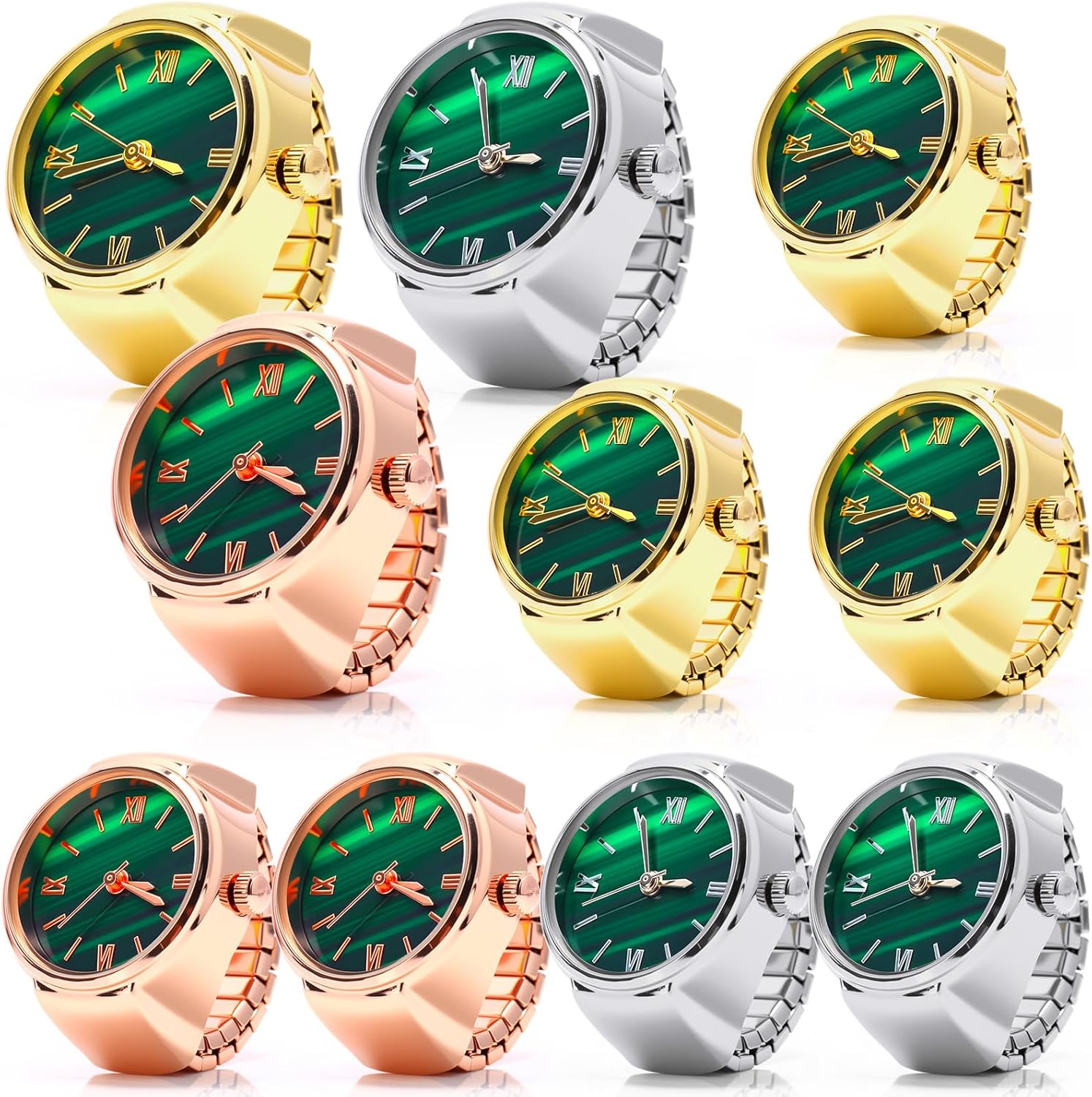 Landical 10 Pcs Finger Watches for Women Men Adjustable Metal Clock Rings Bulk with Elastic Band Creative Round Green Dial Quartz Finger Watches Jewelry Gifts
