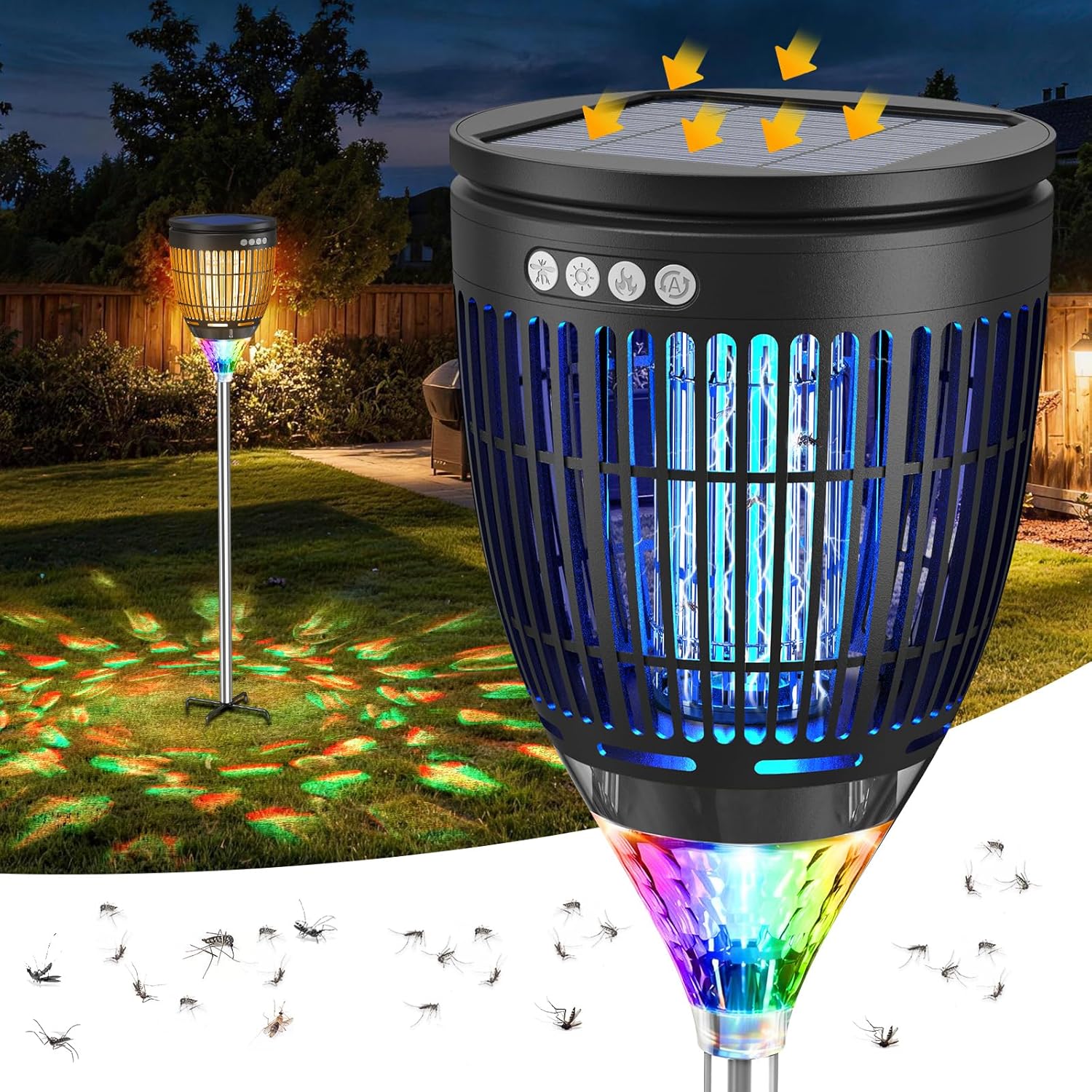 Solar Bug Zapper Outdoor, Jinyeda 4200V Mosquito Zapper with RGB Projector &amp; Flame Lights, Cordless Mosquito Killer, USB Rechargeable Fly Insect Trap Waterproof Lighting Decor for Patio, Garden, Y