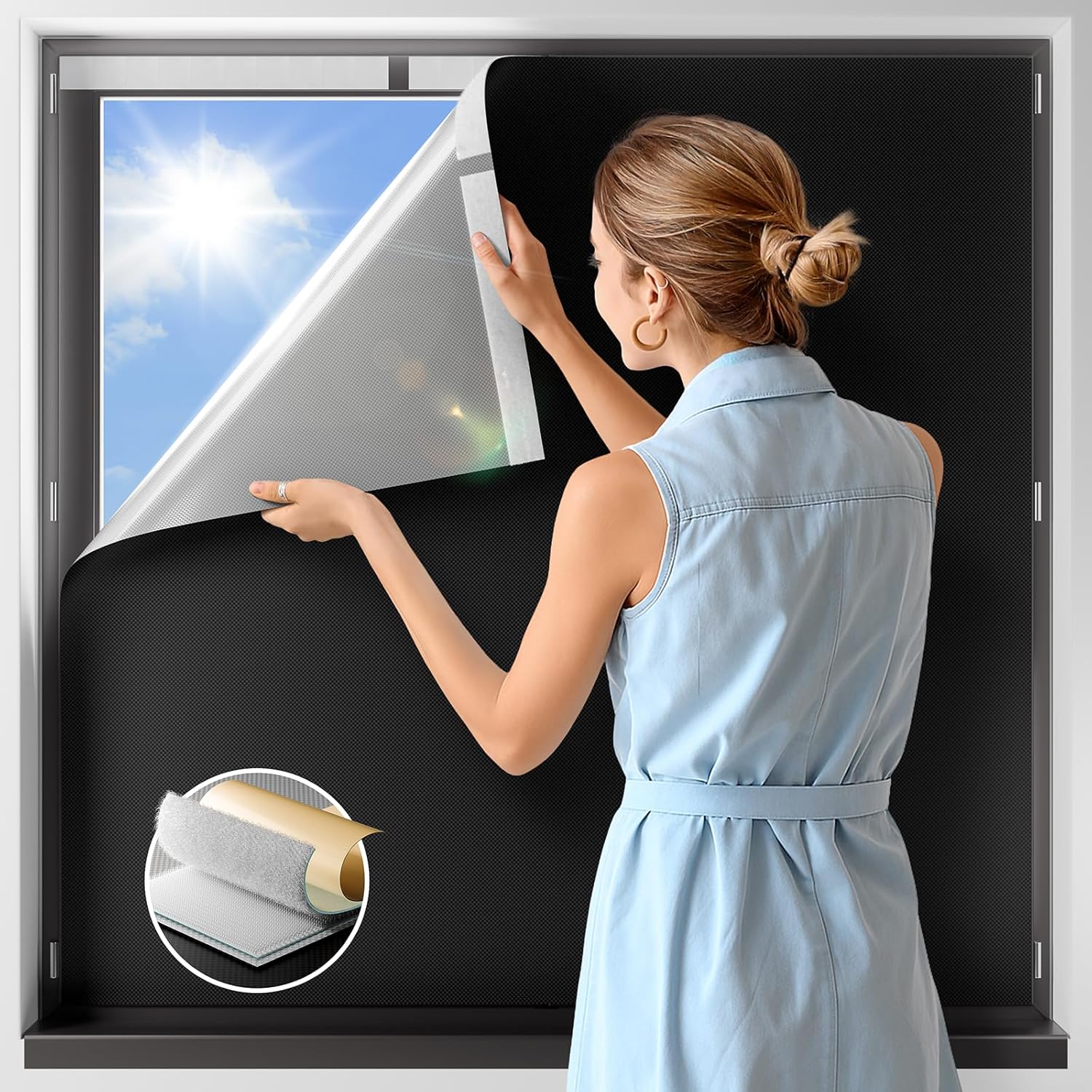 NIGHTON 100% Blackout Curtains for Bedroom, No Drill Black out Blinds With Upgraded Hook and Loop Tape, Portable Blackout Curtains for Window Cover Baby Nursery,Travel,RV- 1 Panel Black 42''W 