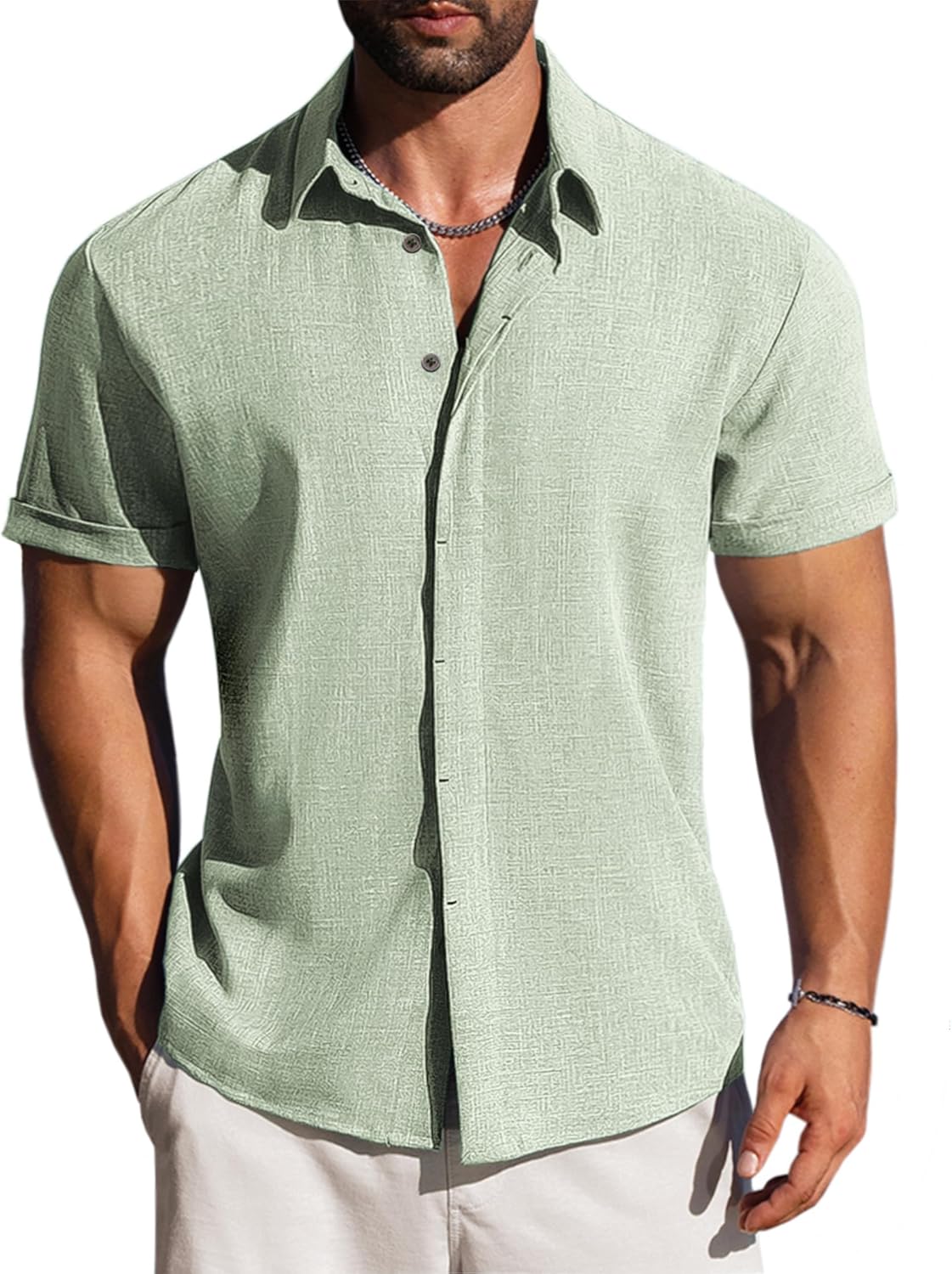 LETSEE Linen Shirts for Men Short Sleeve Blouse Button Down Dress Untuckit Shirts Beach Summer Wedding Hawaiian Outfit
