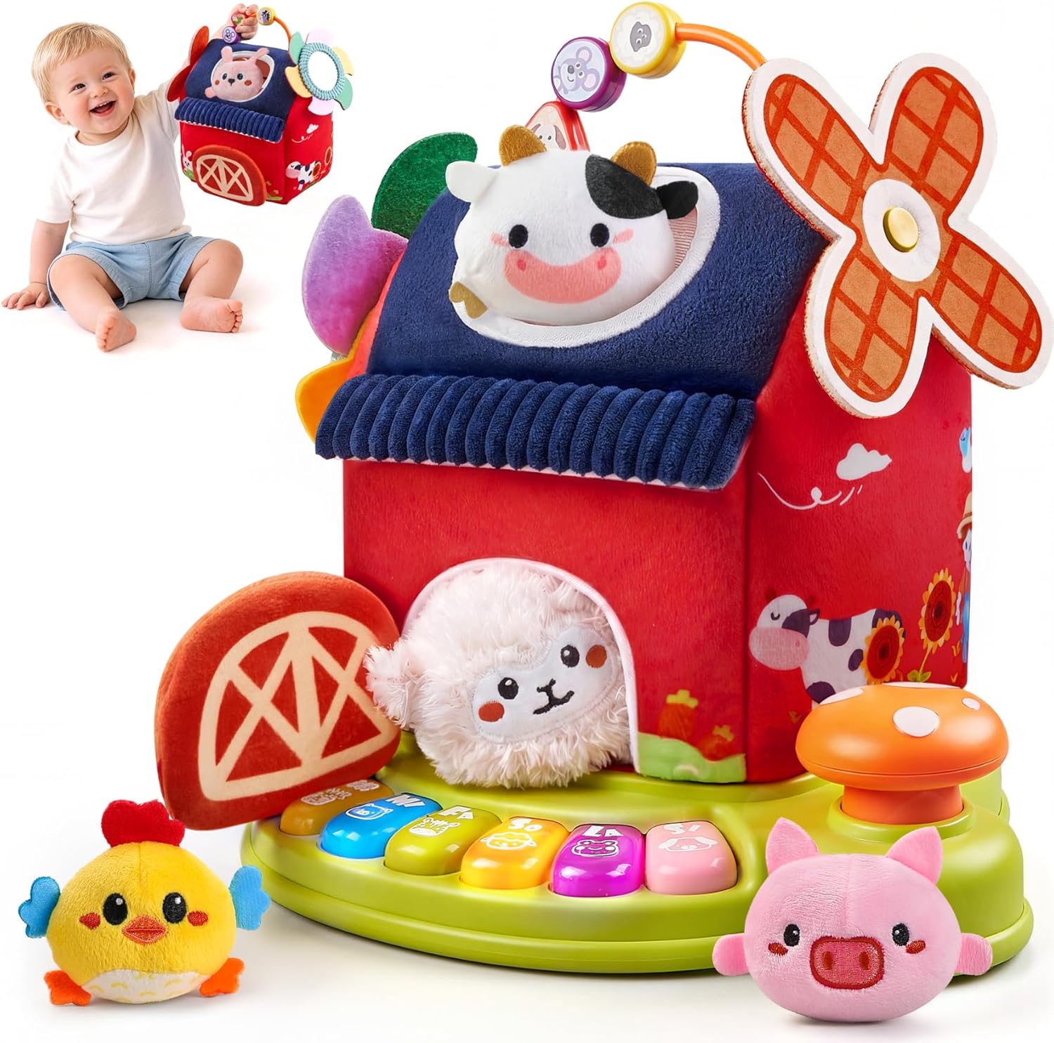 Ozega Baby Toys 6-12 Months, Musical Toys for 1 Year Old, Stuffed Farm Animals for Baby, 6 7 8 9 10 12 Month Old Baby Boy Girl Gifts, Sensory Montessori Toys for 1 Year Old
