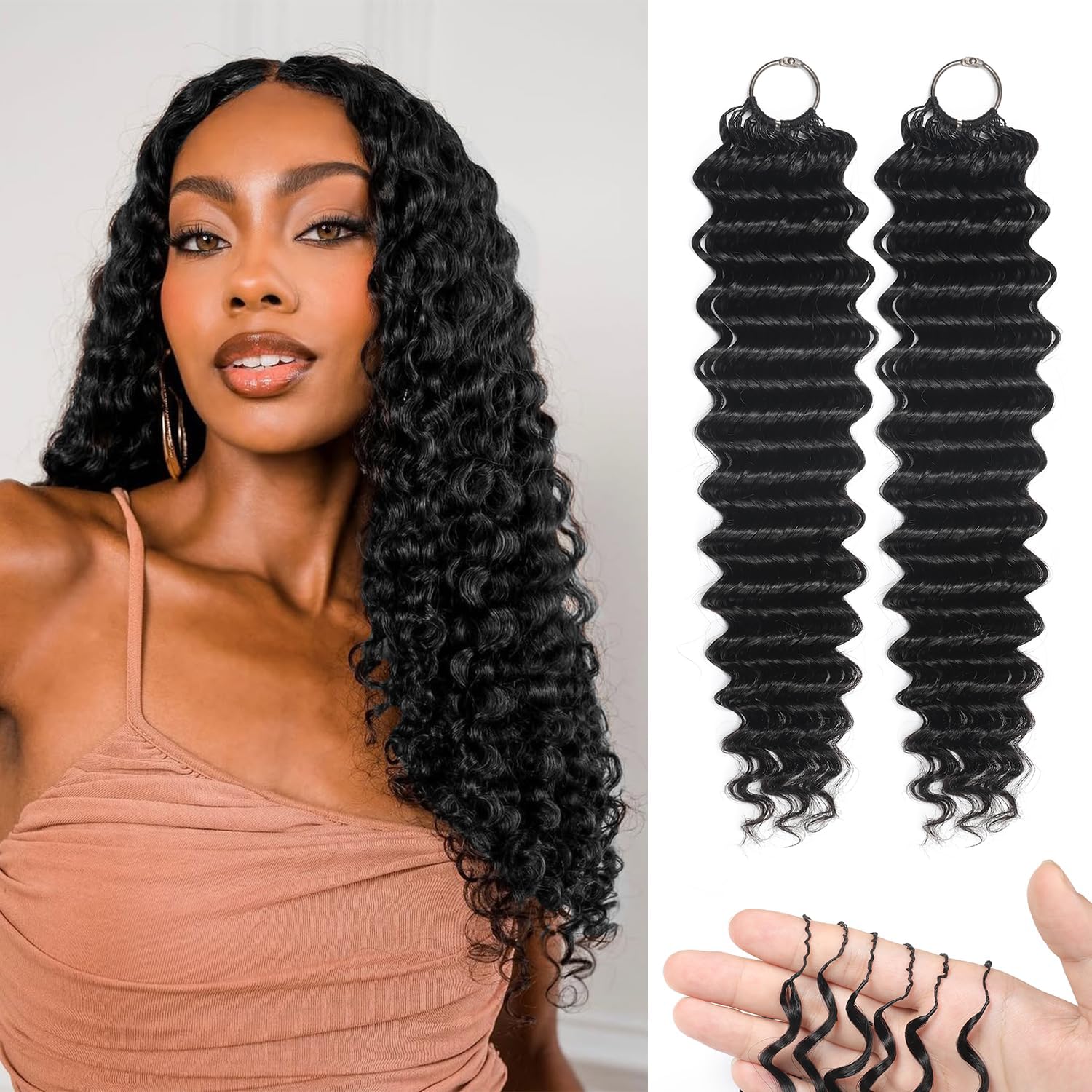 Human Crochet Hair for Black Women Deep wave Crochet Human Hair Bundles 18 Inch 50g Pre-Separated Feather Crochet Human Hair Deep Wavy Invisible Crochet Hair Extensions 40 Strands Natural Black