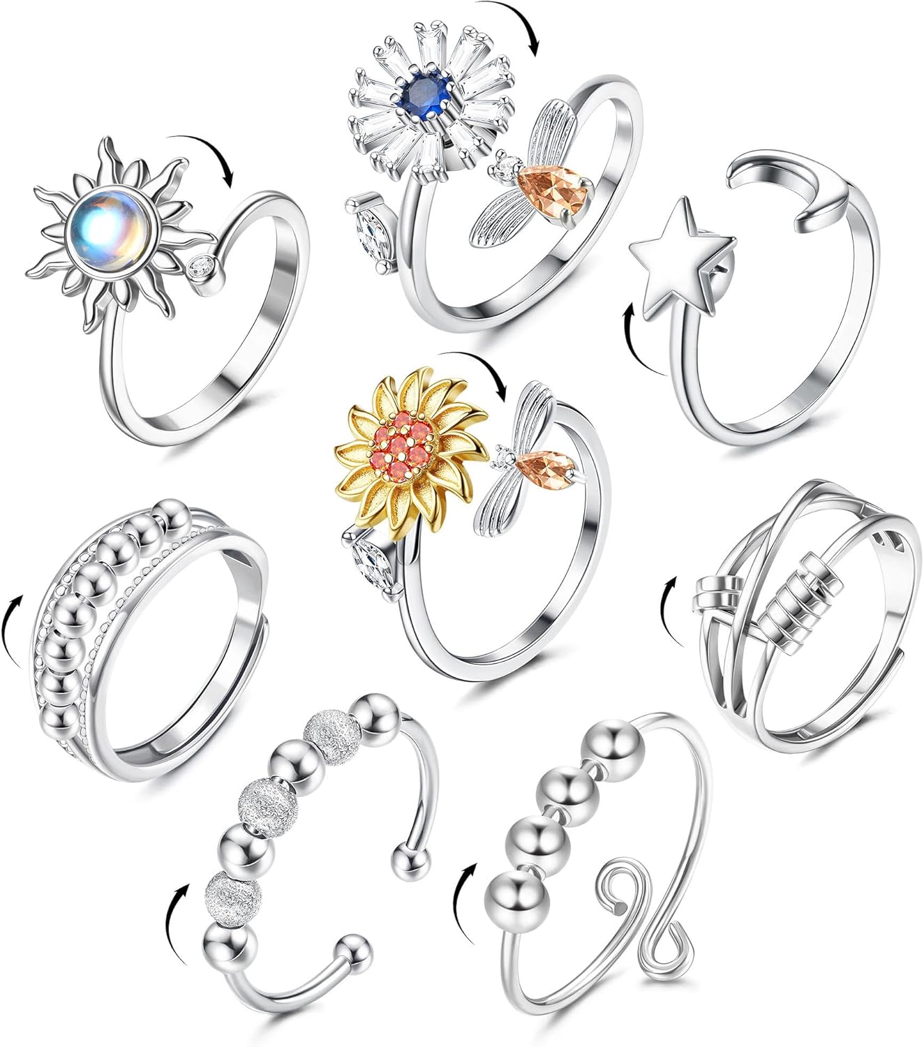 Kakonia 8 Pcs Fidget Anxiety Rings for Women Men, Spinner Ring for Anxiety Relieving Stress Adjustable Open CZ Flower Moon Star Anti Rotatable Rings Spinning Fidget Jewelry for Women Gifts