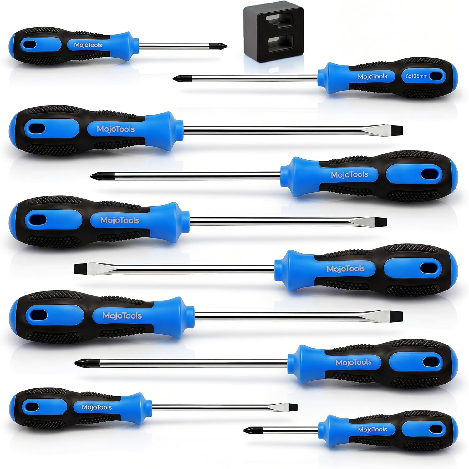 MoJoTools 10-Piece Magnetic Screwdriver Set with Magnetizer\/Demagnetizer, CR-V Steel, Phillips &amp; Slotted, Hex Bolster Anti-Roll\/Wrench Assist, Sizes Marked, EVA Zipper Pouch w\/Securing Straps