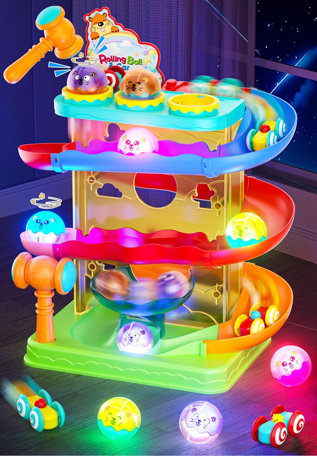 2-in-1 Rolling Ball &amp; Car Ramp Race Track for Toddlers, Hammer Ball Drop Toy for Boys &amp; Girls, Interactive Playset w\/Sensor Lights - Montessori STEM Learning Toys for Kids 1-5+ Year Old