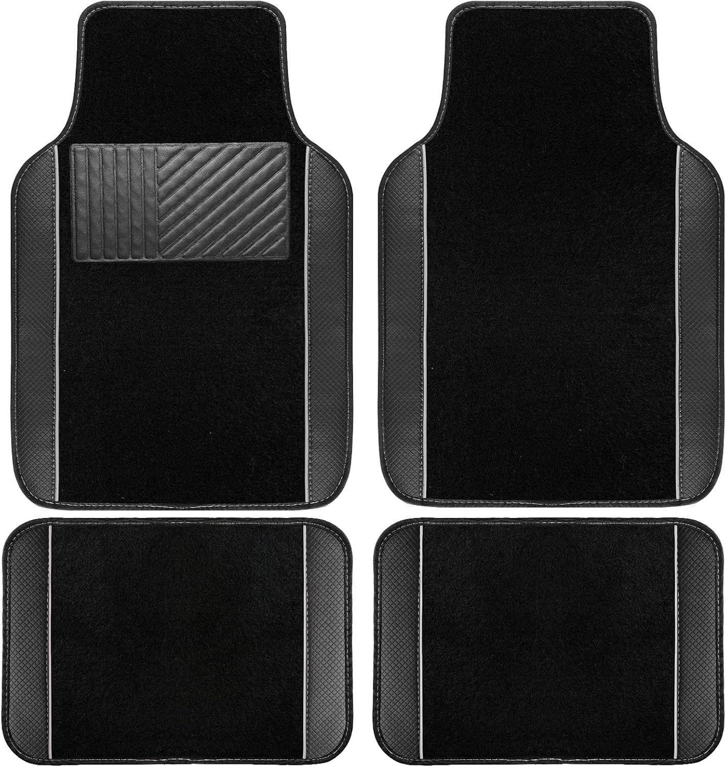 NBTEPEM Waterproof Universal Fit Car Floor Mats, Faux Leather Sporty Car Carpet Mats with Anti-Slip Nibbs Backing &amp; Driver Heel Pad Fit for SUV, Vans, Sedans, Trucks, Set of 4 (Black with Grey lin