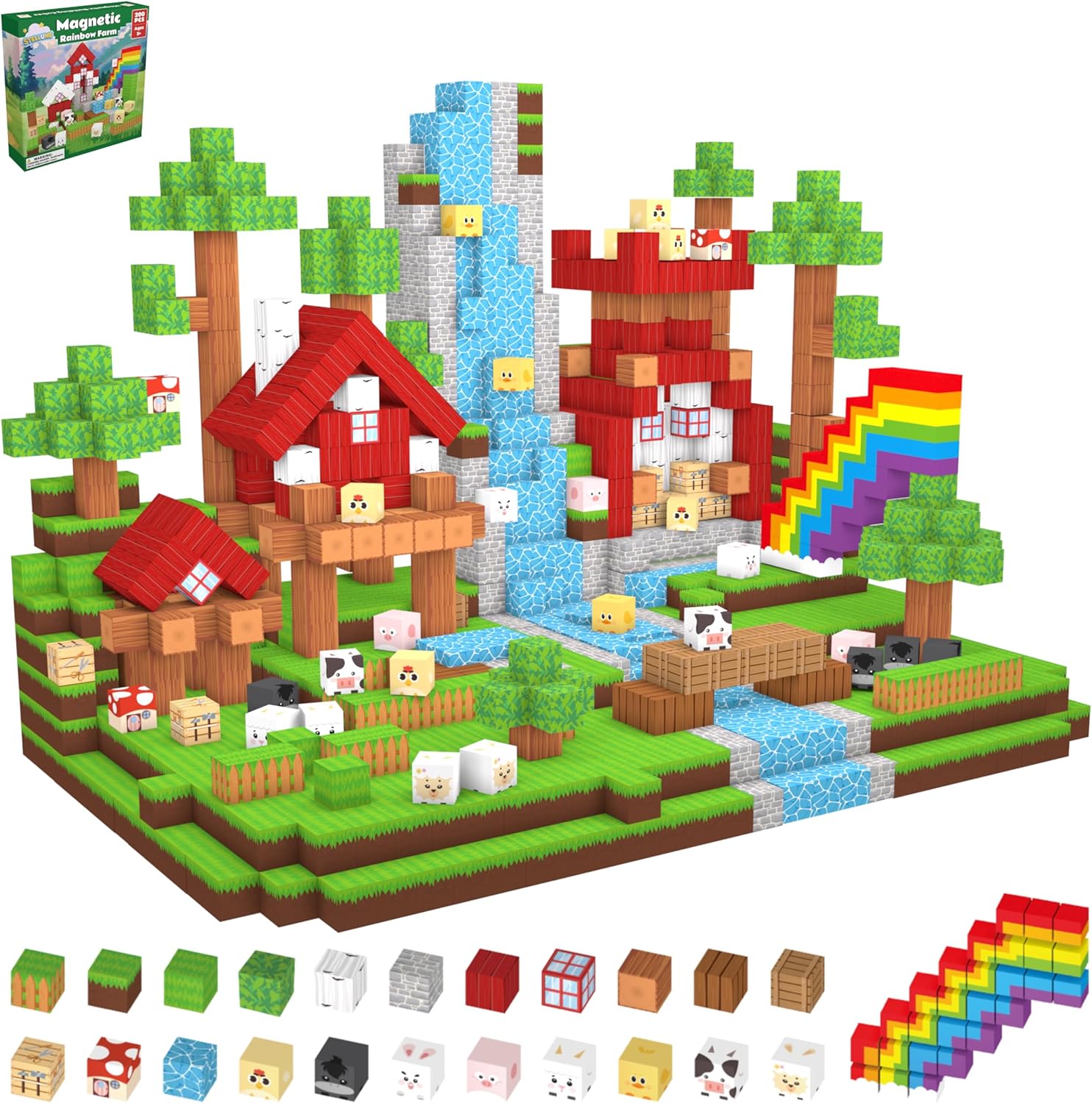 STELLUNE 200PCS Magnetic Blocks with 3 Light Up Pieces Magnetic Building Cubes, Rainbow Farm Pals, STEM Educational Toys for Kids Ages 3+, Ideal Gift for Boys Girls