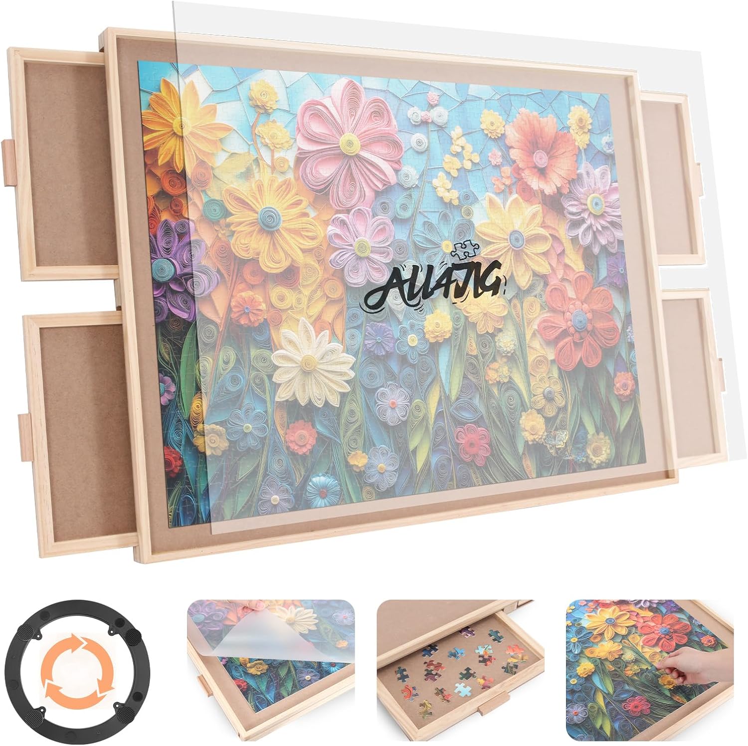 ALL4JIG 1500 Pieces Rotating Puzzle Board with 4 Drawers and Cover,25"x34" Portable Wooden Jigsaw Puzzle Table for Adults,Lazy Susan Spinning Puzzle Boards Birthday Gift for mom
