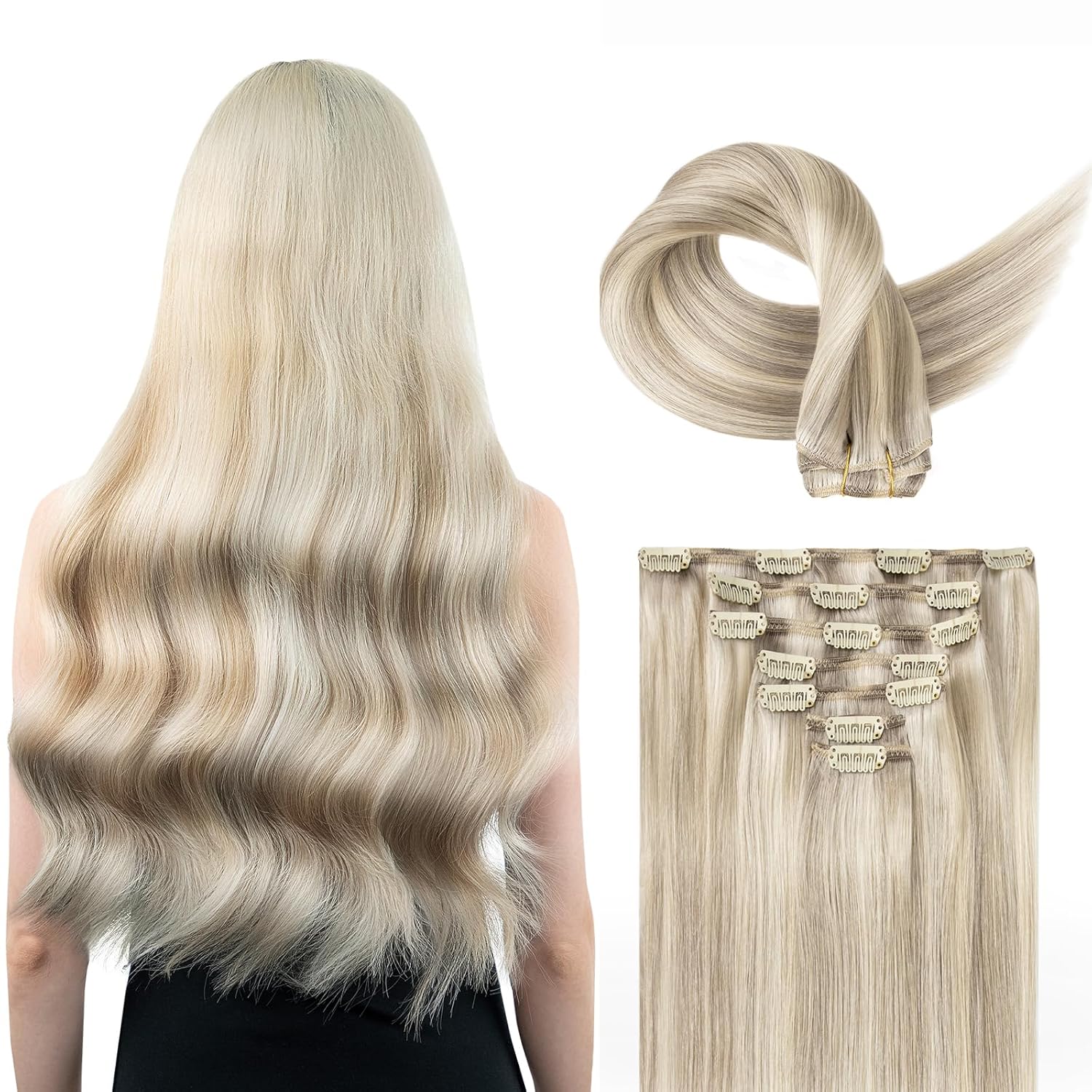 SoBeauty Clip in Hair Extensions Real Human Hair, Human Hair Extensions Clip in, Tangle-free Straight Hair Extensions for Women, 120G 7PCS Ash Blonde Highlighted Platinum Blonde #P17A\/60A 16 Inch