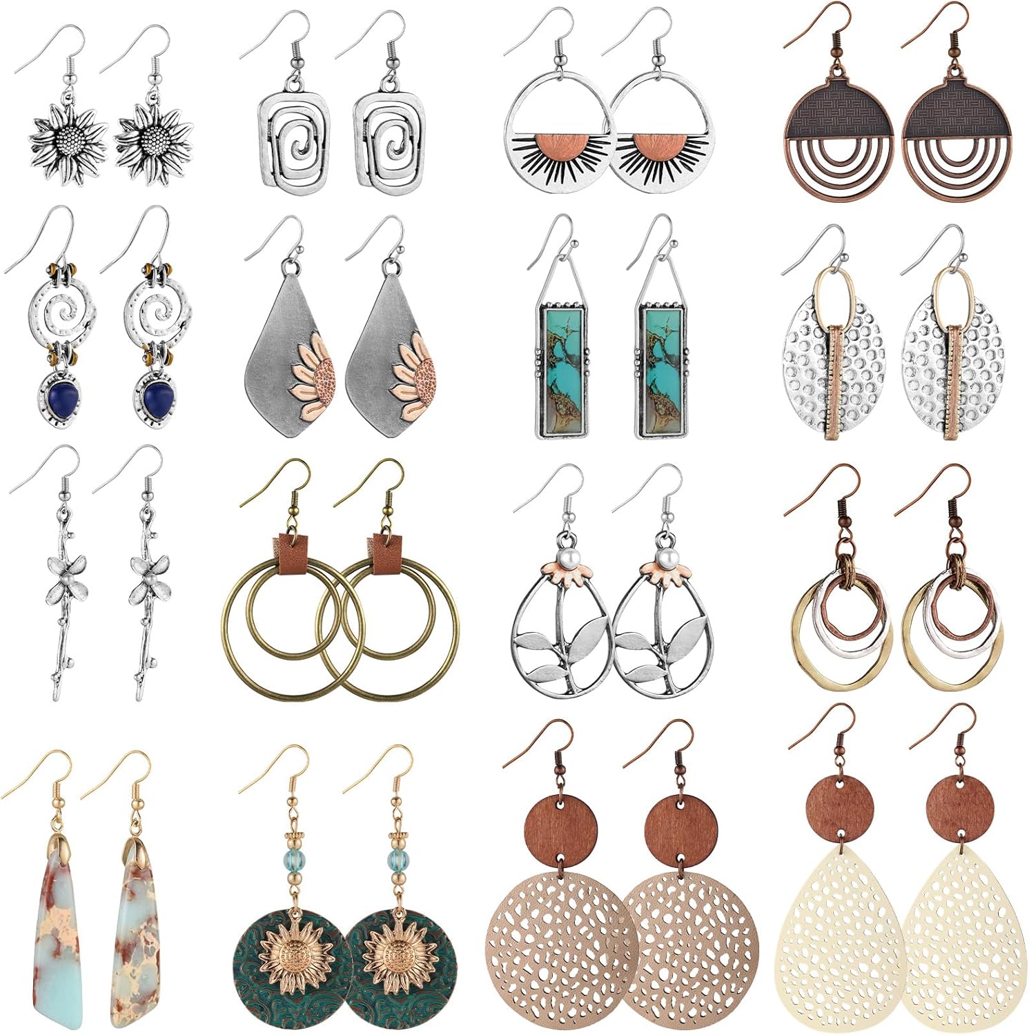 16 Pairs Earrings for Women Trendy, Funtopia Boho Dangle Earrings for Women, Vintage Statement Sunflower Round Geometric Earrings Wooden Leather Earrings