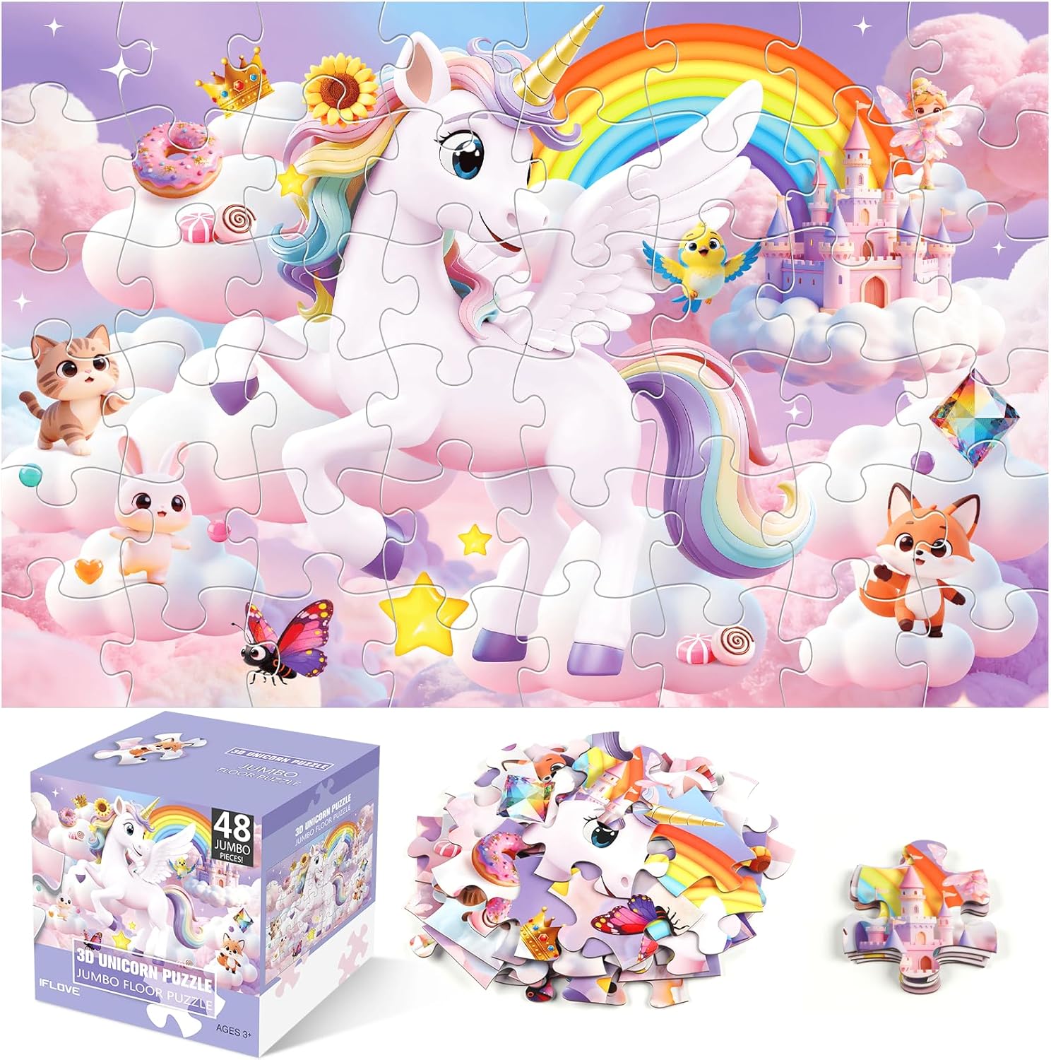 Jumbo Floor Puzzle for Kids,48 Piece Unicorn Large Jigsaw Puzzles,Cute Puzzle for Toddler Ages 3-5,Fun Educational Toy Easter Gift for Boys &amp; Girls Ages 4-8