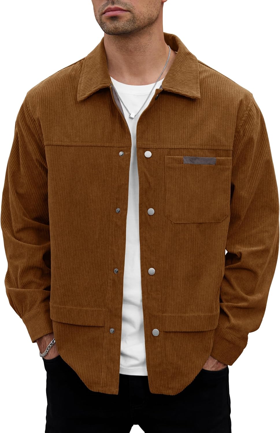 VOGSTART Mens Corduroy Button Jacket Casual Pocket Shirt (S-2XL)