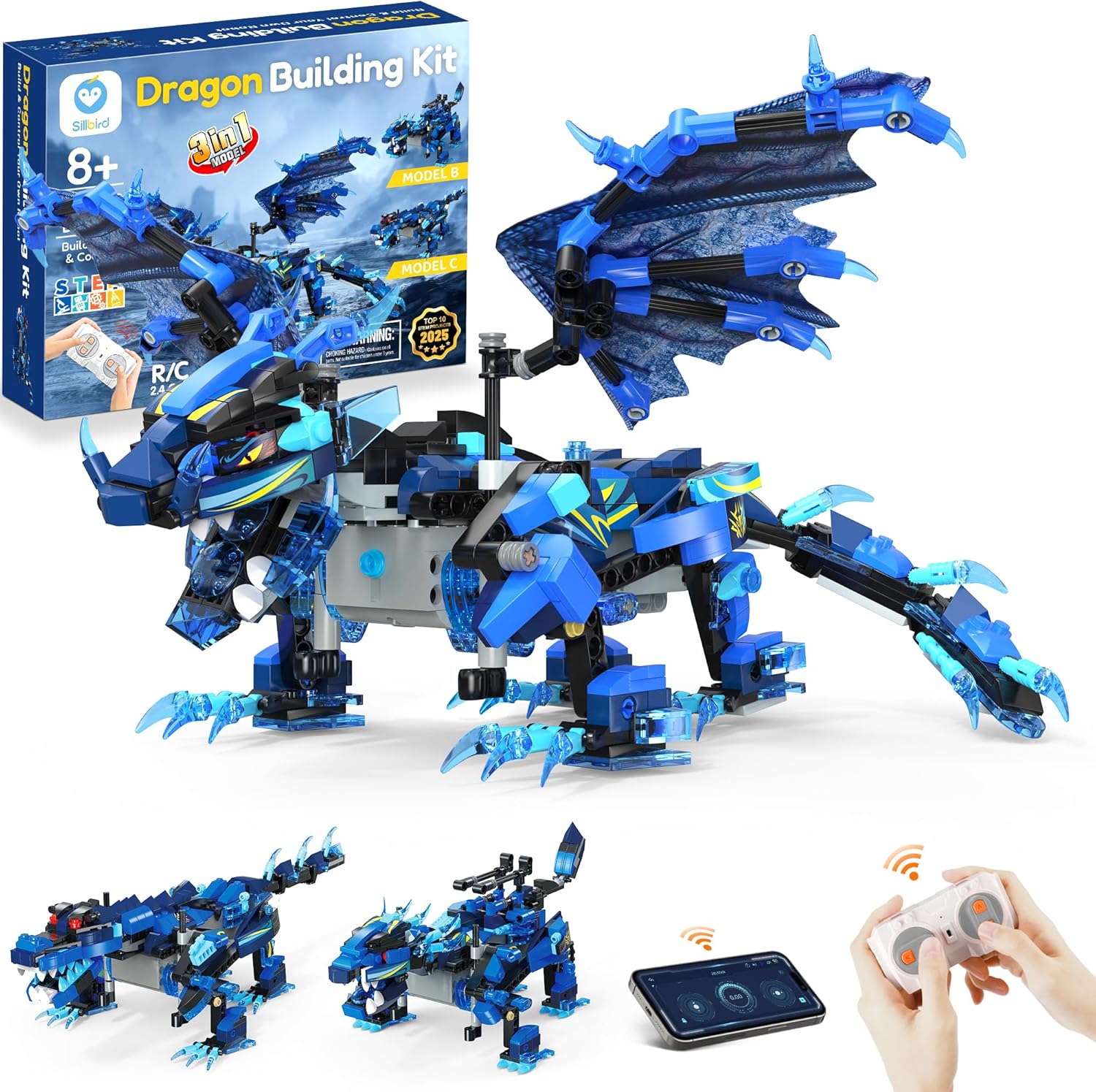 Sillbird Dragon Building Kit with Remote Control STEM Gifts for Kids Boys Ages 8-12, Technic Buildable 3in1 Models Coding Toys for Birthday with 590 Pieces