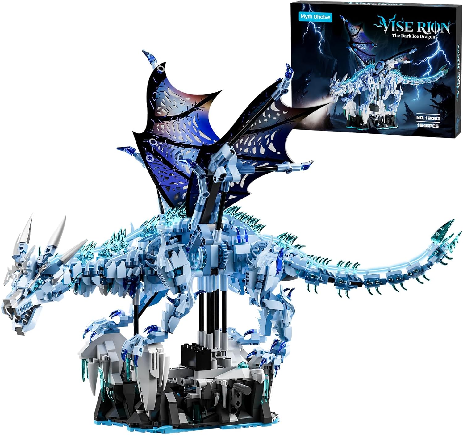 Myth Qholve Mechanical Dark Ice Dragon Building Block Set with Hand Crank Motion Movable Head, Wings &amp; Limbs Fantasy Dragon Model Kit for Teens &amp; Adults