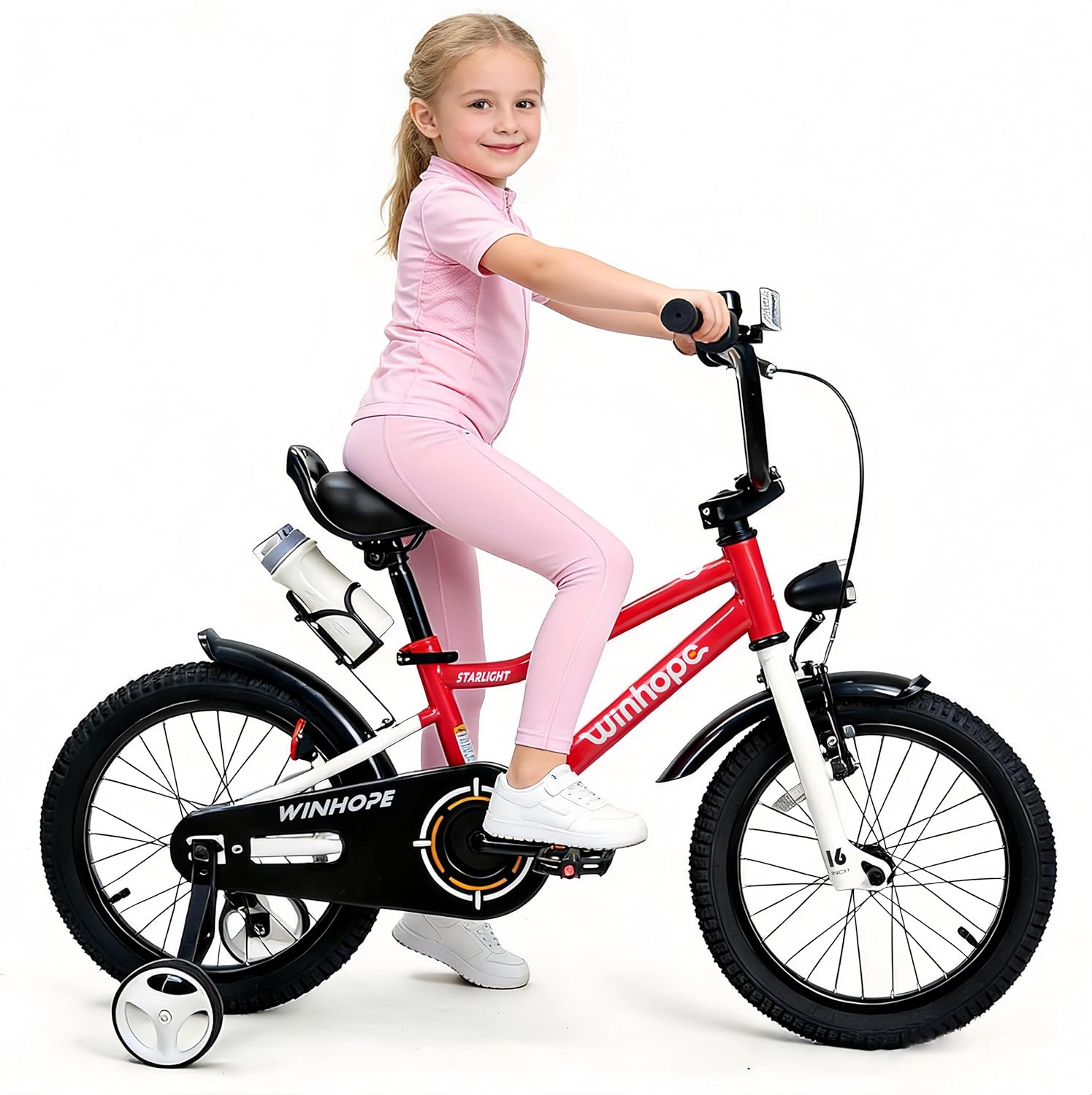 WinHope Kids Bike, 12 14 16 18 Inch Bike for 2-9 Boys &amp; Girls, Children's Bicycle with Training Wheels, Headlight, Fenders, Adjustable Seat and Water Bottle for Outdoor Riding, Multiple Colors