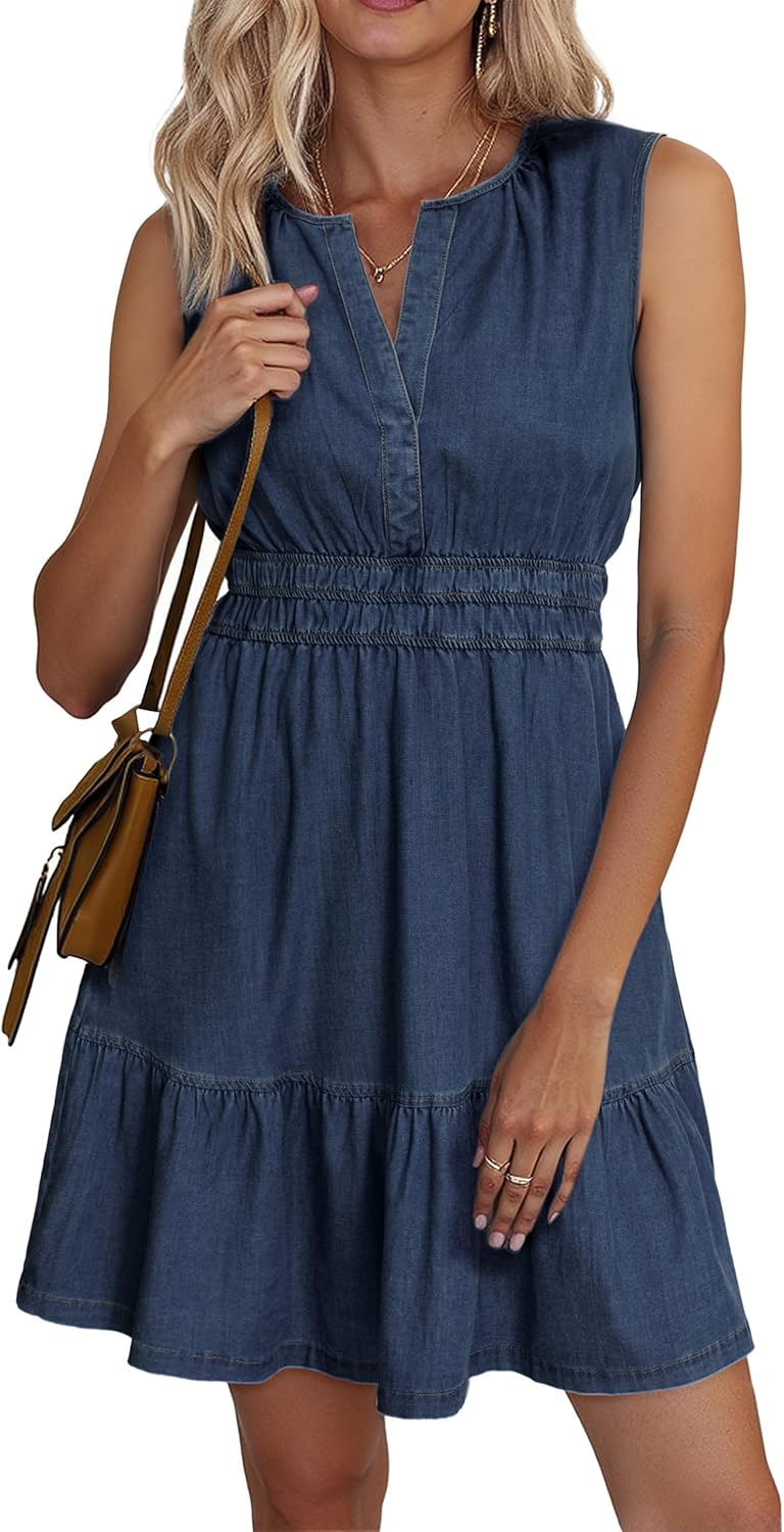BerryGo Womens Denim Dress Sleeveless Summer Casual Jean Dress Tiered Cowgirl Country Mini Soft Light Chambray with Pockets