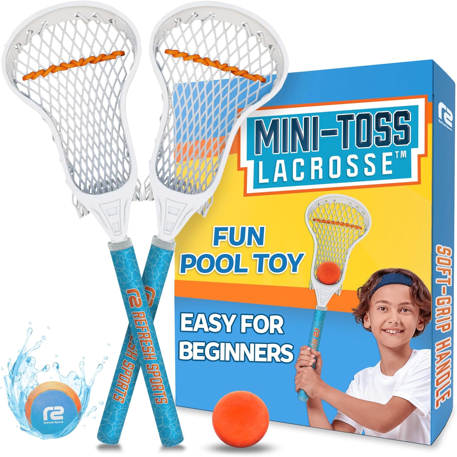 Mini Toss Lacrosse Set \u2013 The Ultimate Game for the Pool or Beach &amp; Backyard - Comes with Water Skipping Ball, Rubber Ball &amp; 2 Sticks with Premium Full Size Basket for Easier Catching and 